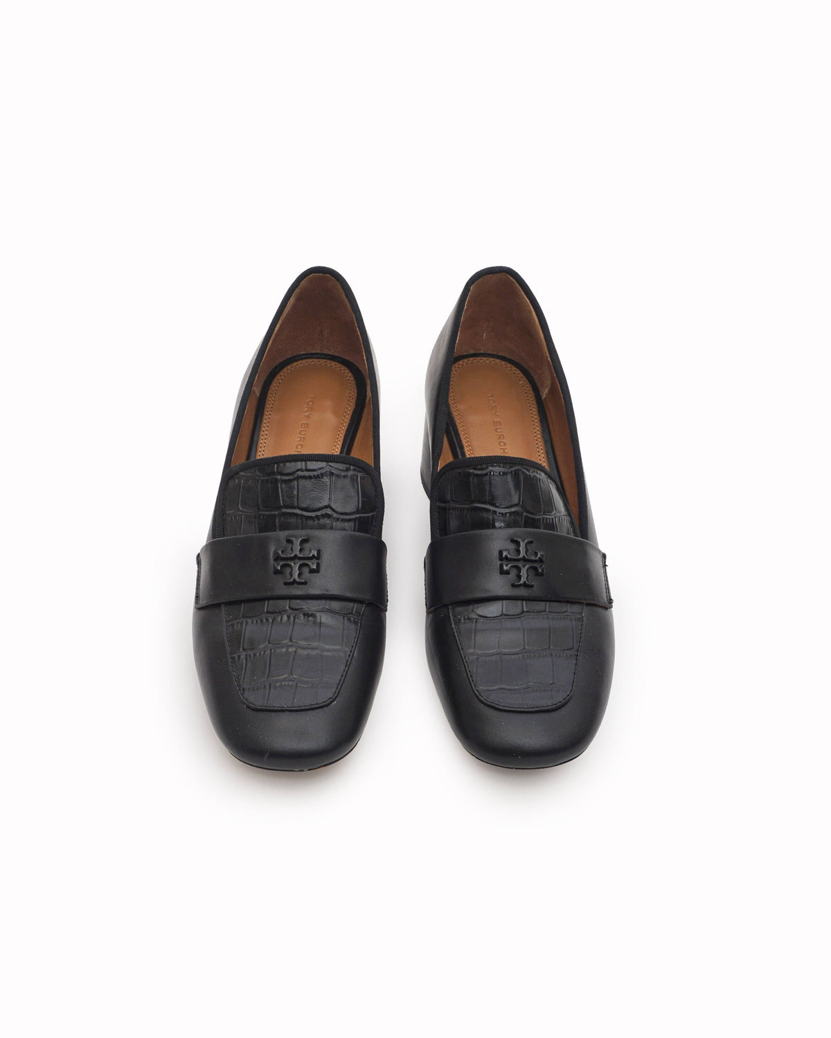 Tory Burch Black Leather Croc-Embossed Block Heel Loafers
