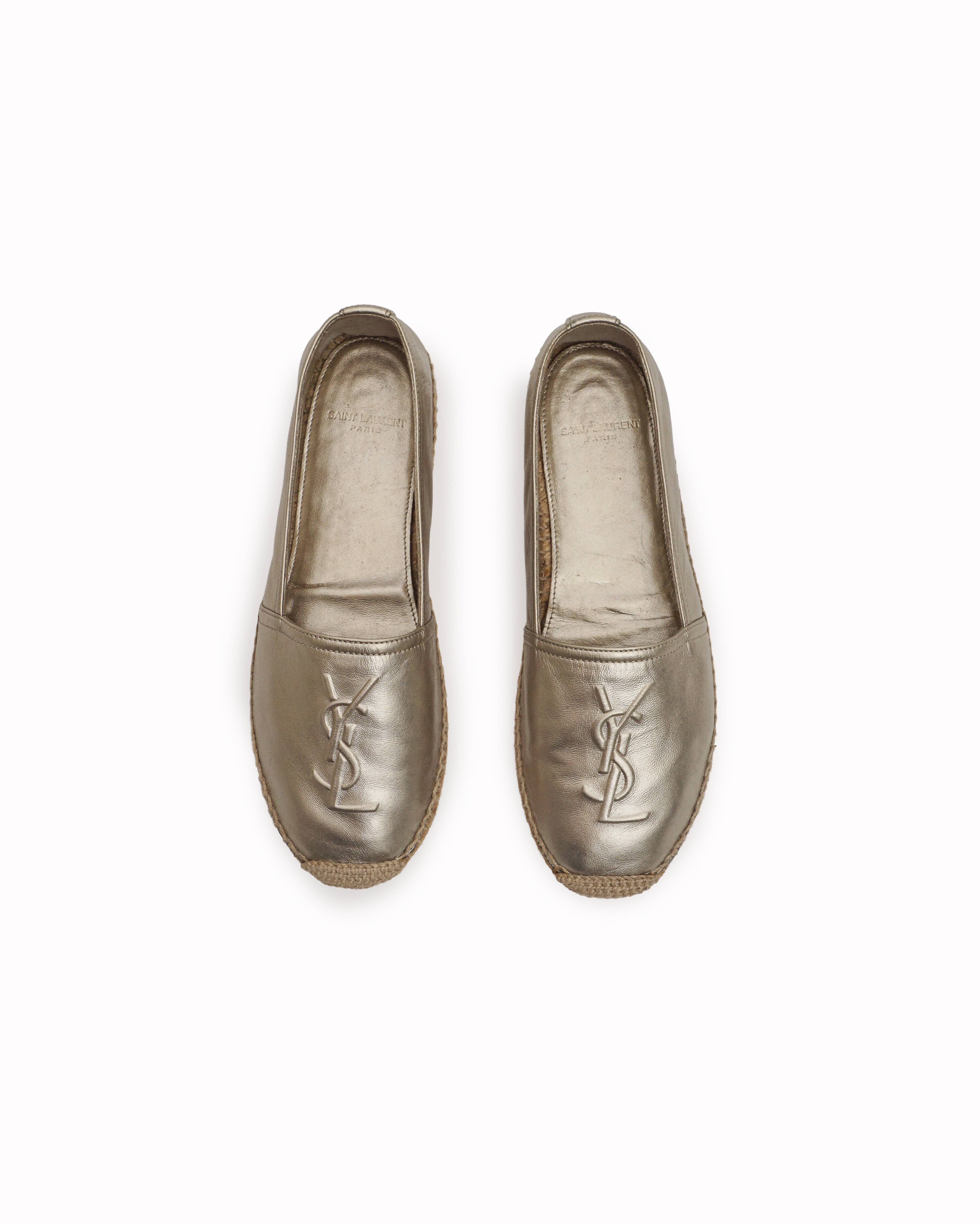 Saint Laurent Metallic Gold Leather YSL Monogram Espadrilles