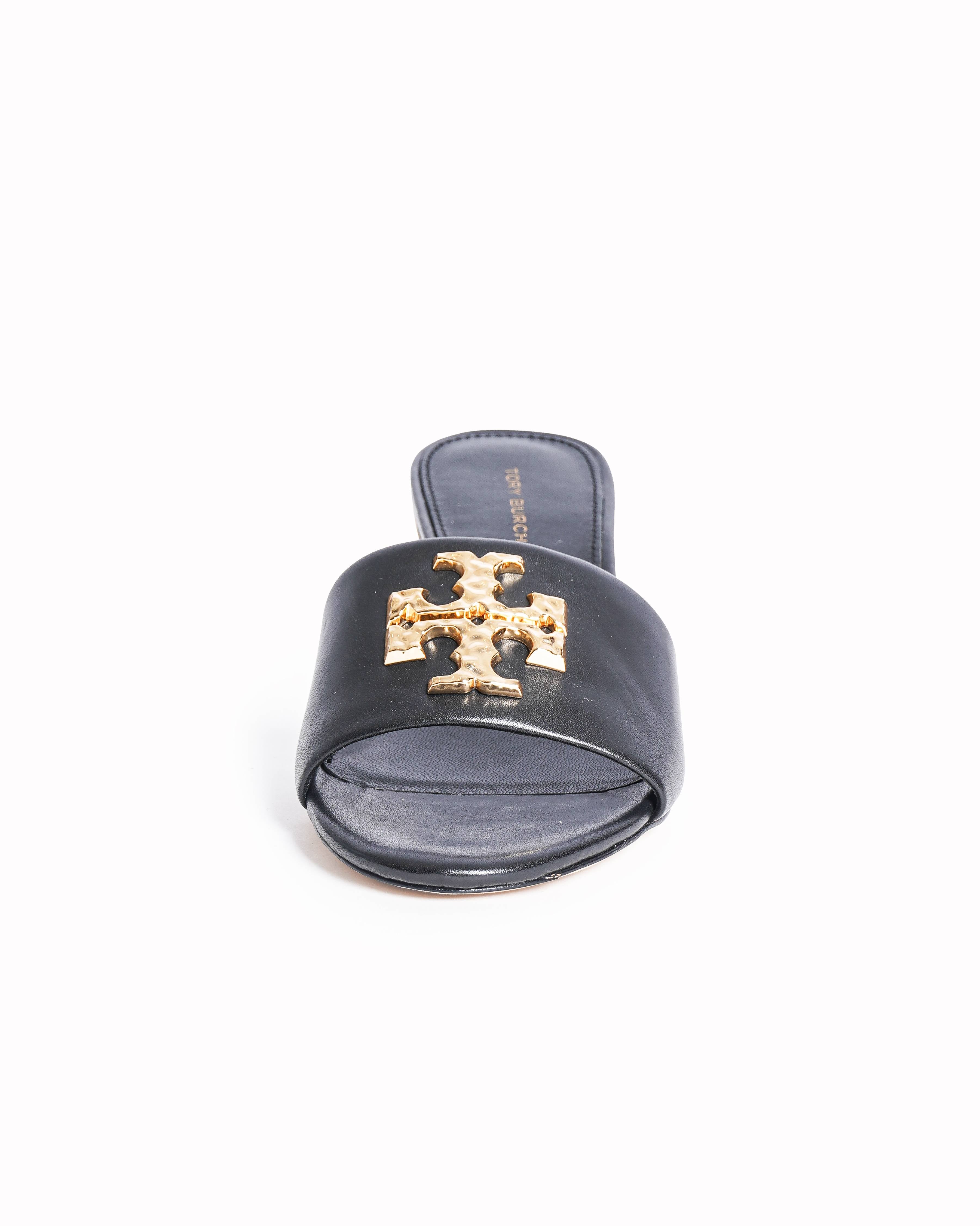 Tory Burch Everly Block Heels In Black With Gold Tone Accent