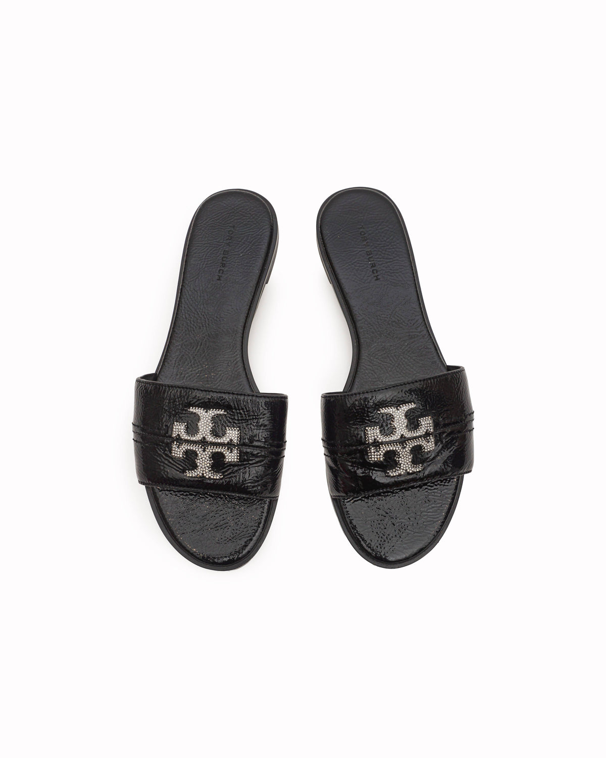 Tory Burch Black Leather Everly Crystal Slide Sandals
