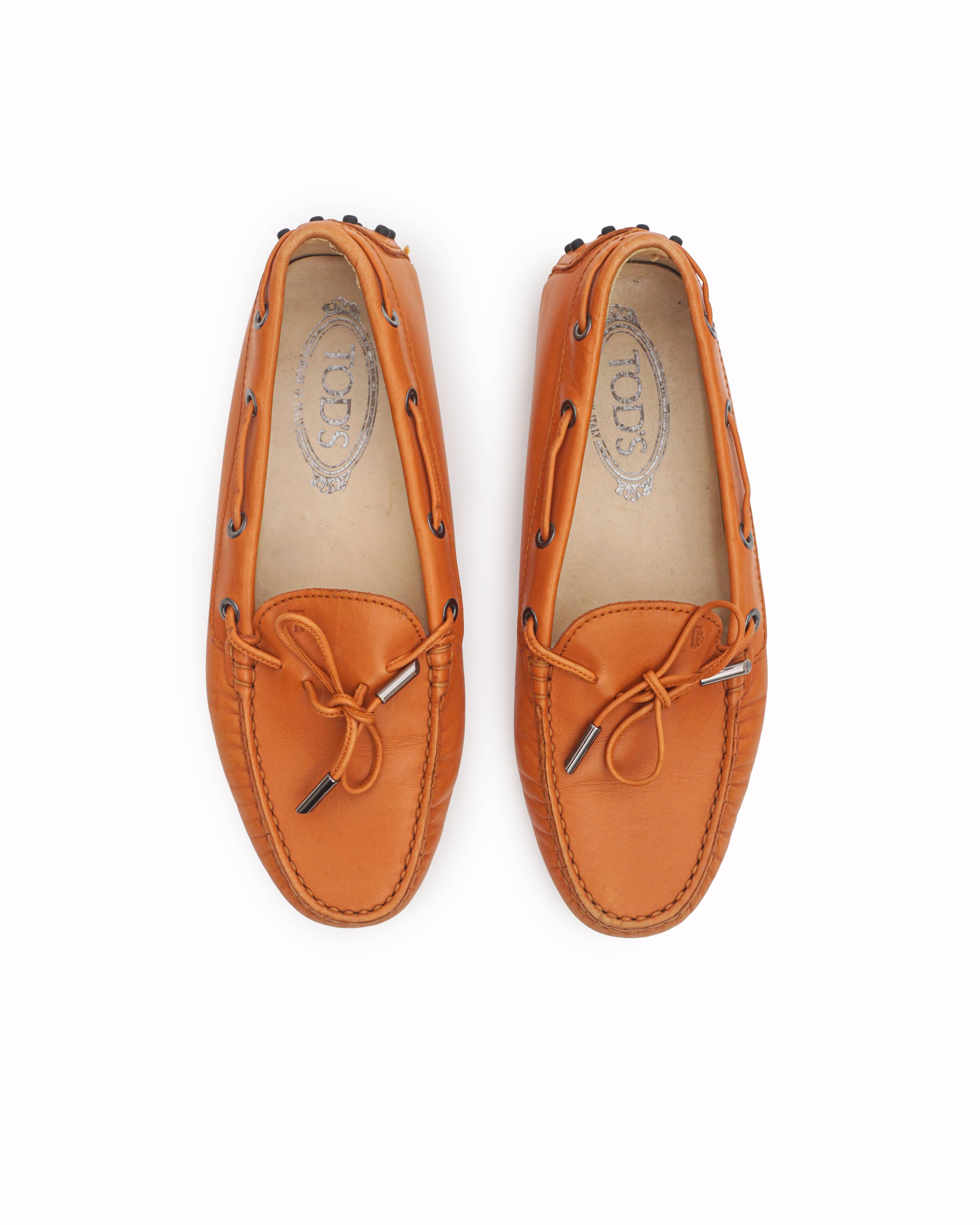 Tod's Orange Leather Gommino Bow Driving Loafers