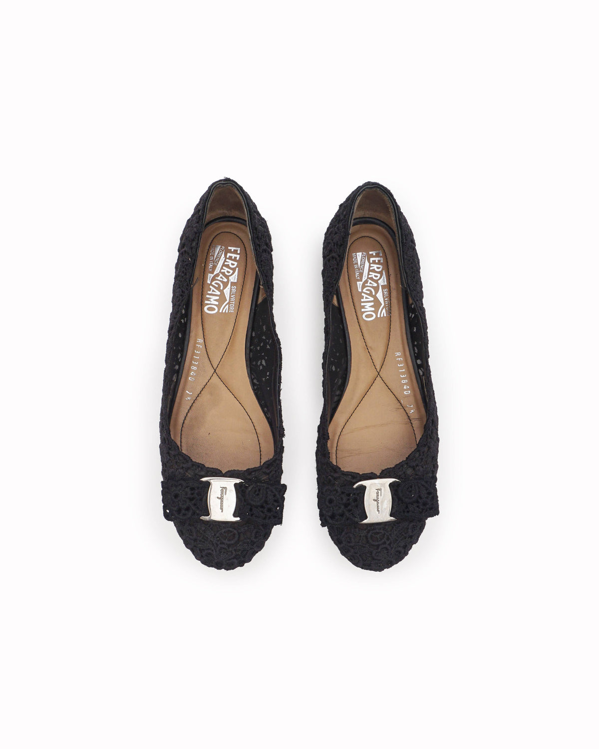 Salvatore Ferragamo Varina Black Floral Lace Vara Bow Flats