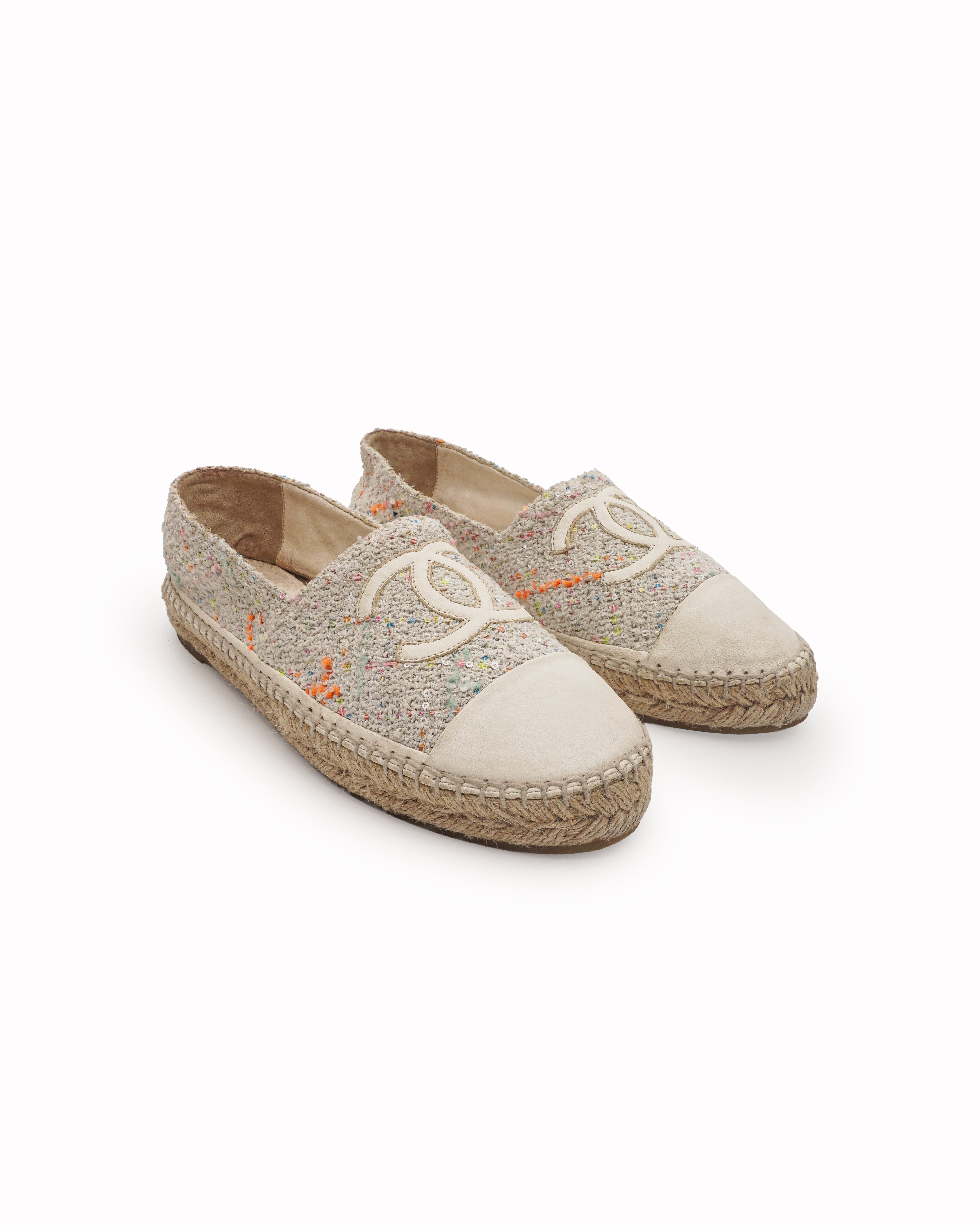 Chanel White Tweed Multi-Color Sequin Interlocking CC Espadrilles