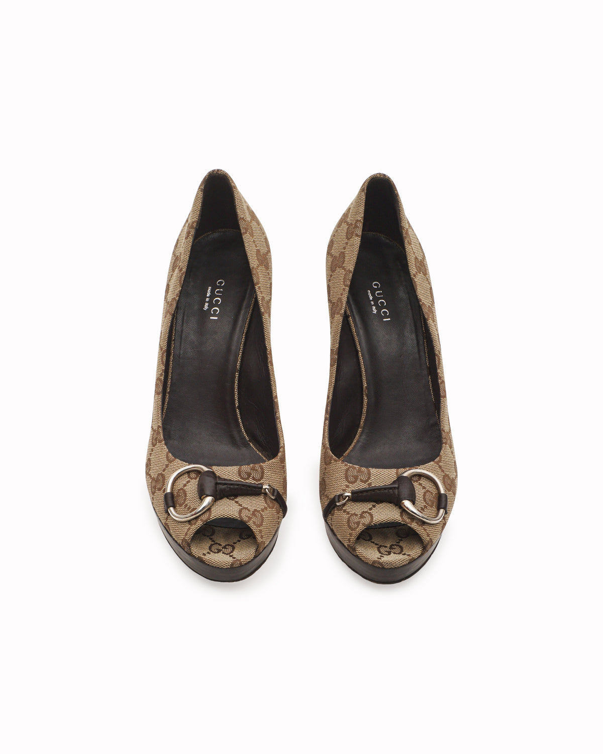 Gucci Brown GG Canvas Horsebit Peep-Toe Platform Pumps