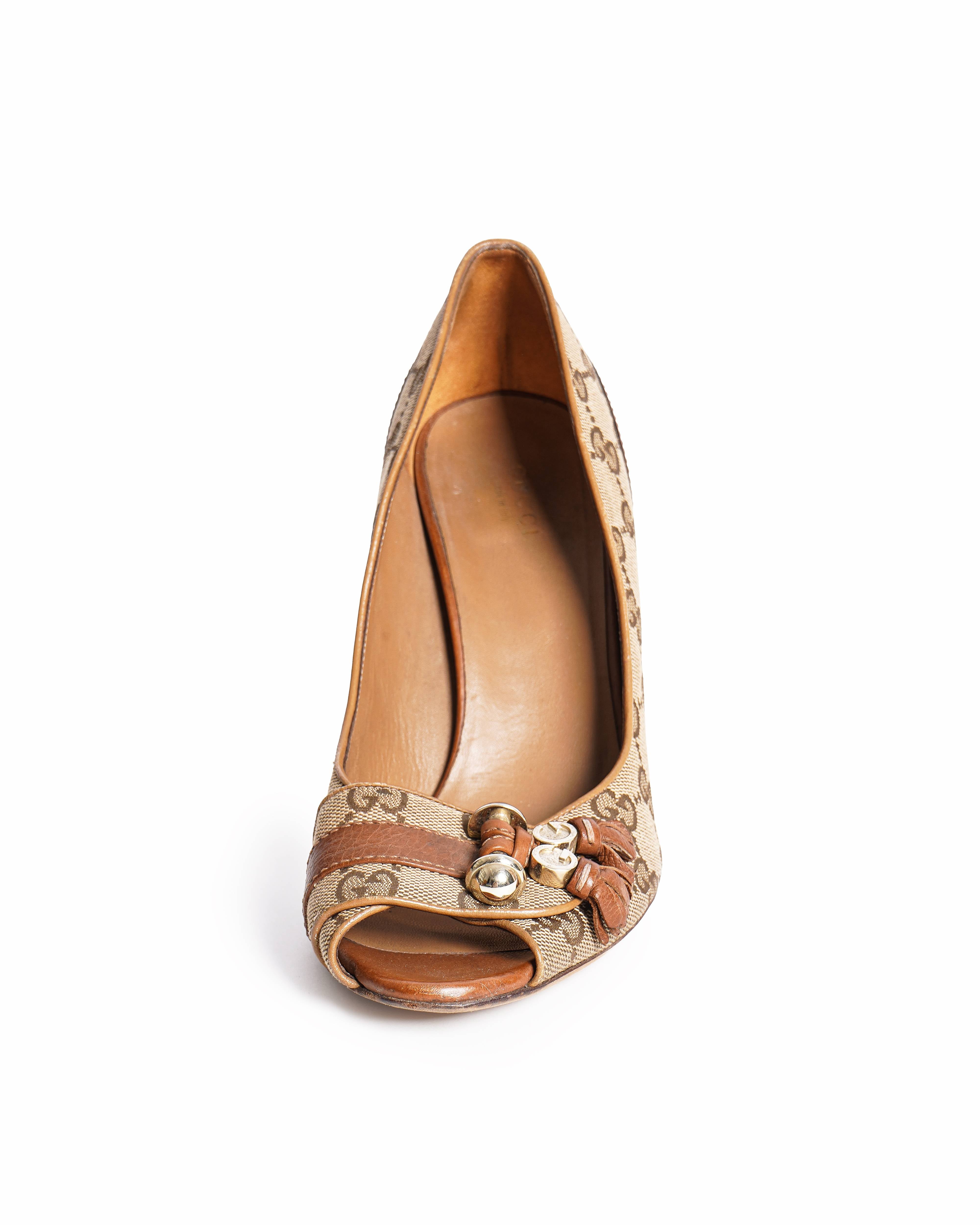 Gucci Canvas & Leather Peep Toe Pumps