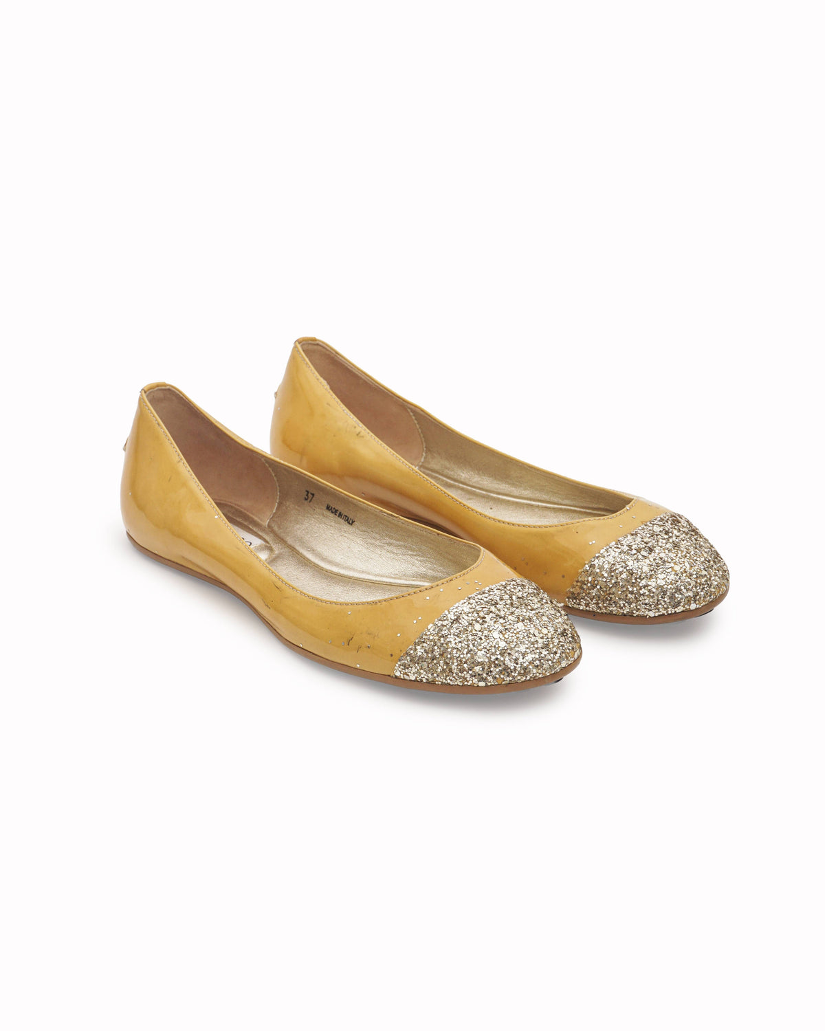 Jimmy Choo Yellow Patent Leather Glitter Cap-Toe Flats