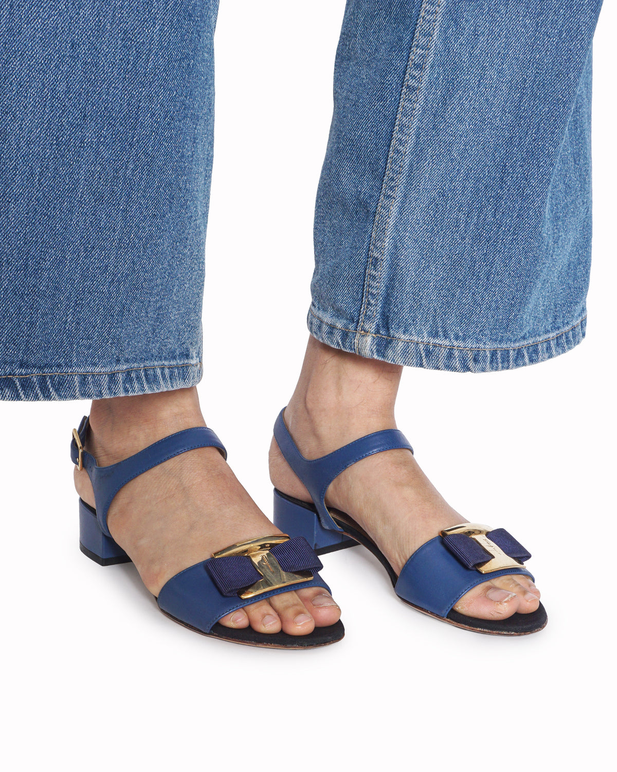 Salvatore Ferragamo Blue Leather Vara Bow Sandals