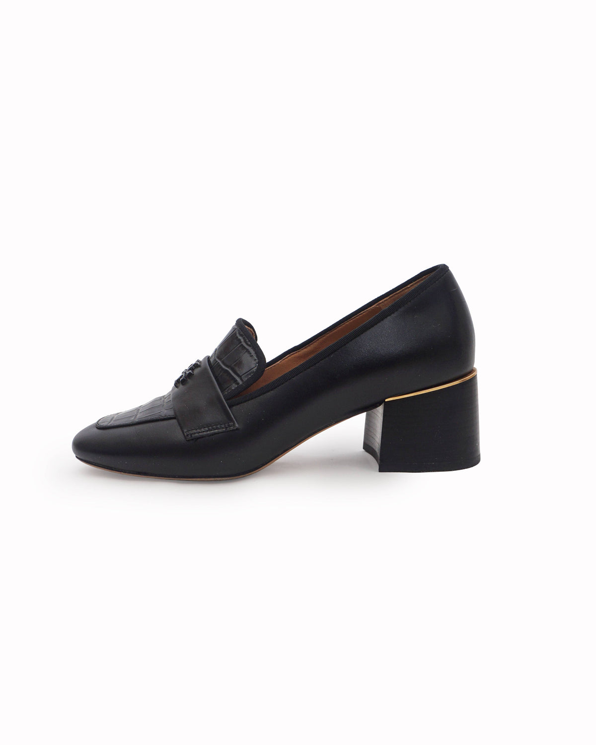Tory Burch Black Leather Croc-Embossed Block Heel Loafers