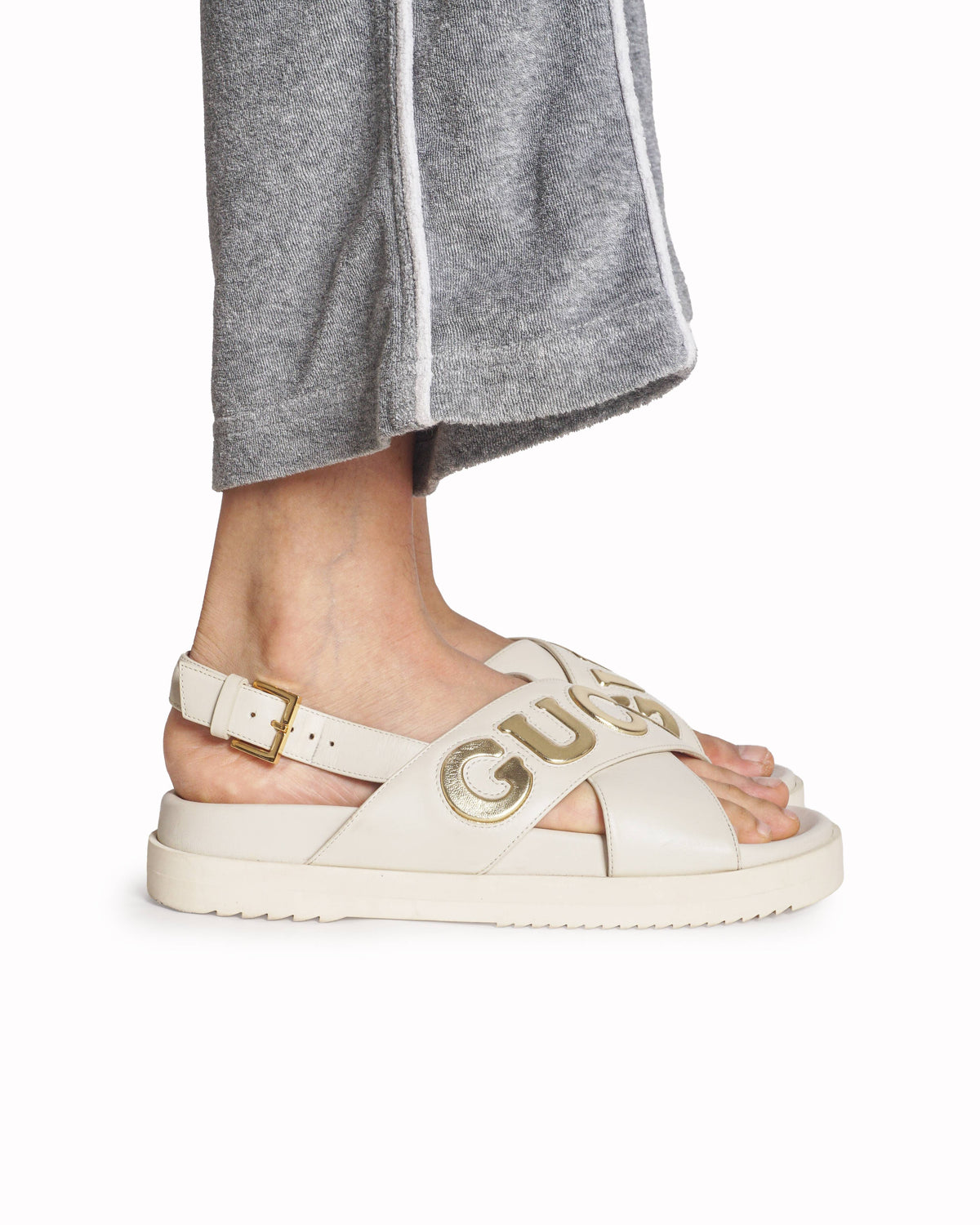 Gucci White Leather Gold Logo Flat Sandals