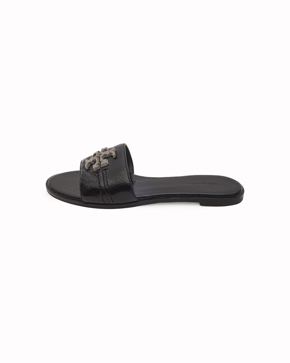 Tory Burch Black Leather Everly Crystal Slide Sandals