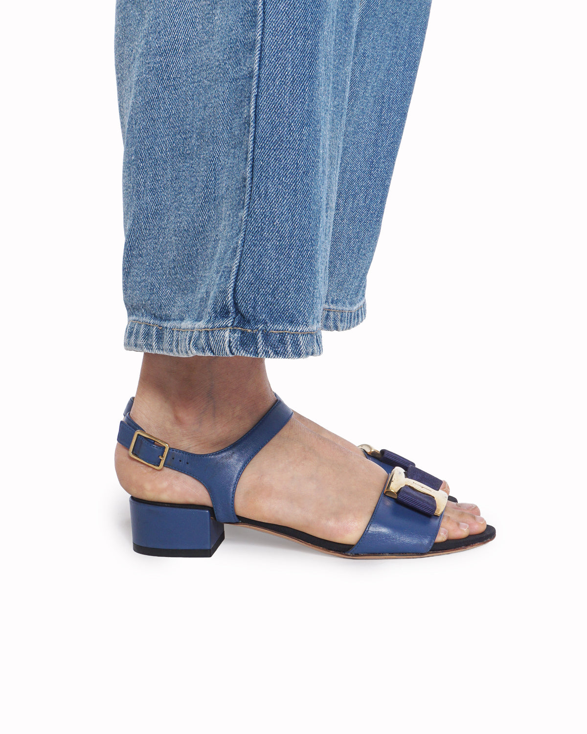 Salvatore Ferragamo Blue Leather Vara Bow Sandals