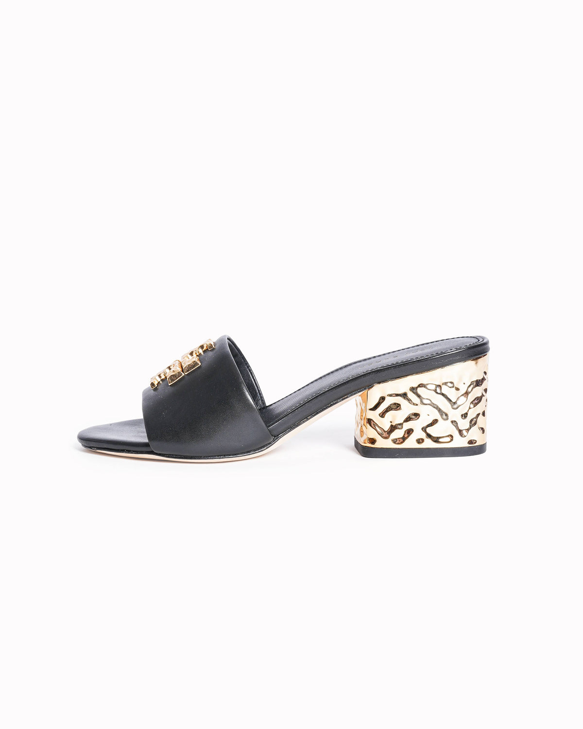 Tory Burch Everly Block Heels In Black With Gold Tone Accent