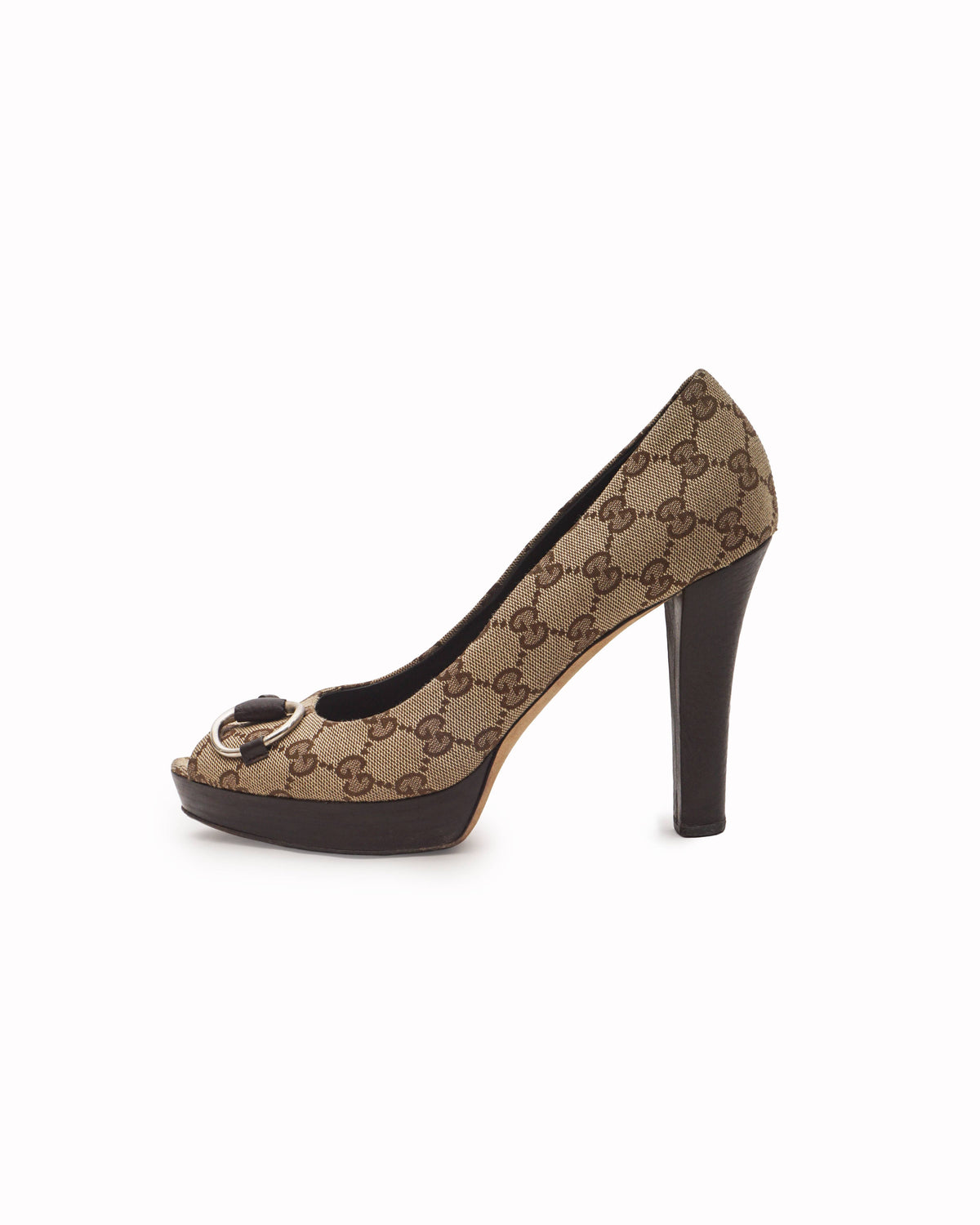 Gucci Brown GG Canvas Horsebit Peep-Toe Platform Pumps