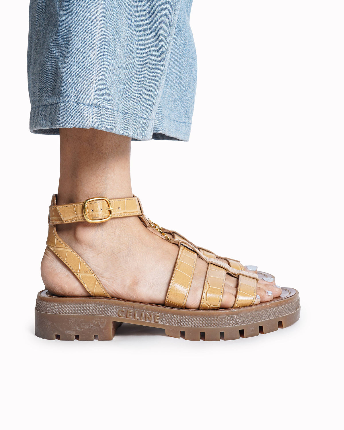 Celine Tan Croc-Embossed Triomphe Gladiator Sandals