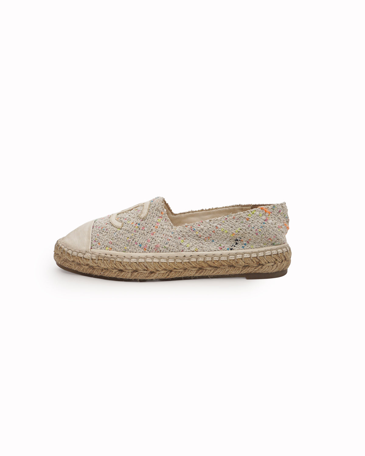 Chanel White Tweed Multi-Color Sequin Interlocking CC Espadrilles