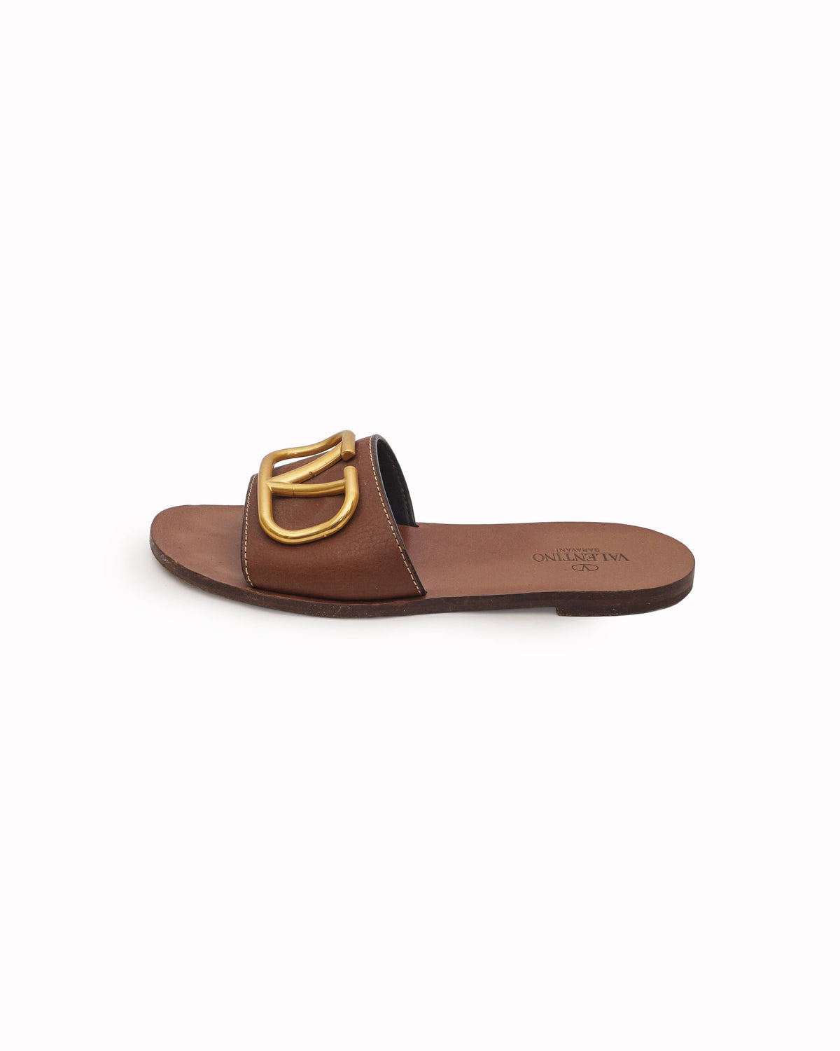 Valentino Garavani VLogo Tan Leather Slide Sandals