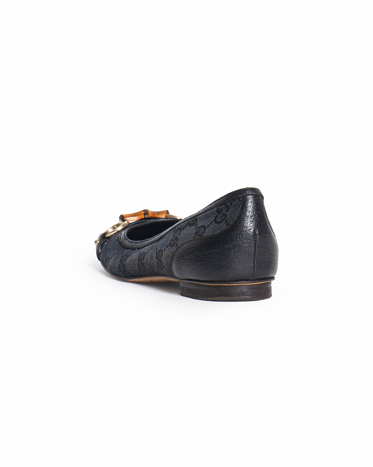 Gucci Monogram Black GG Canvas Bamboo Horsebit Ballet Flats