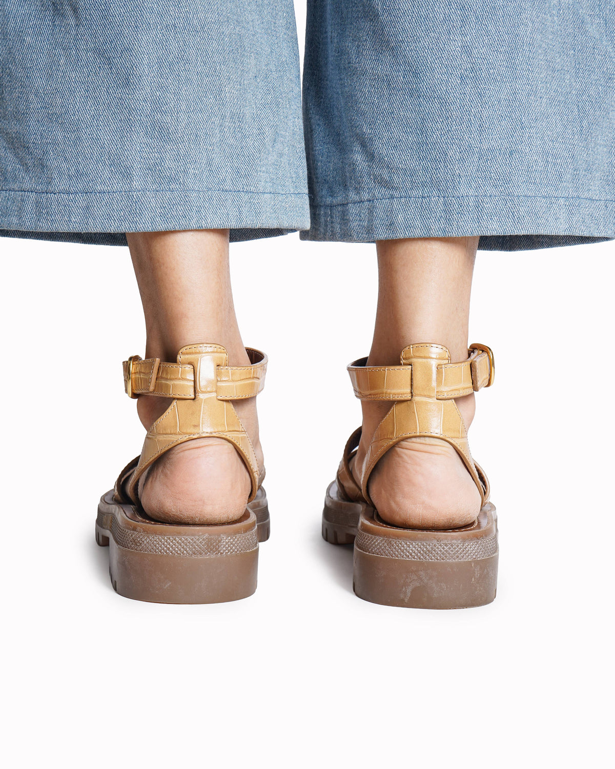 Celine Tan Croc-Embossed Triomphe Gladiator Sandals