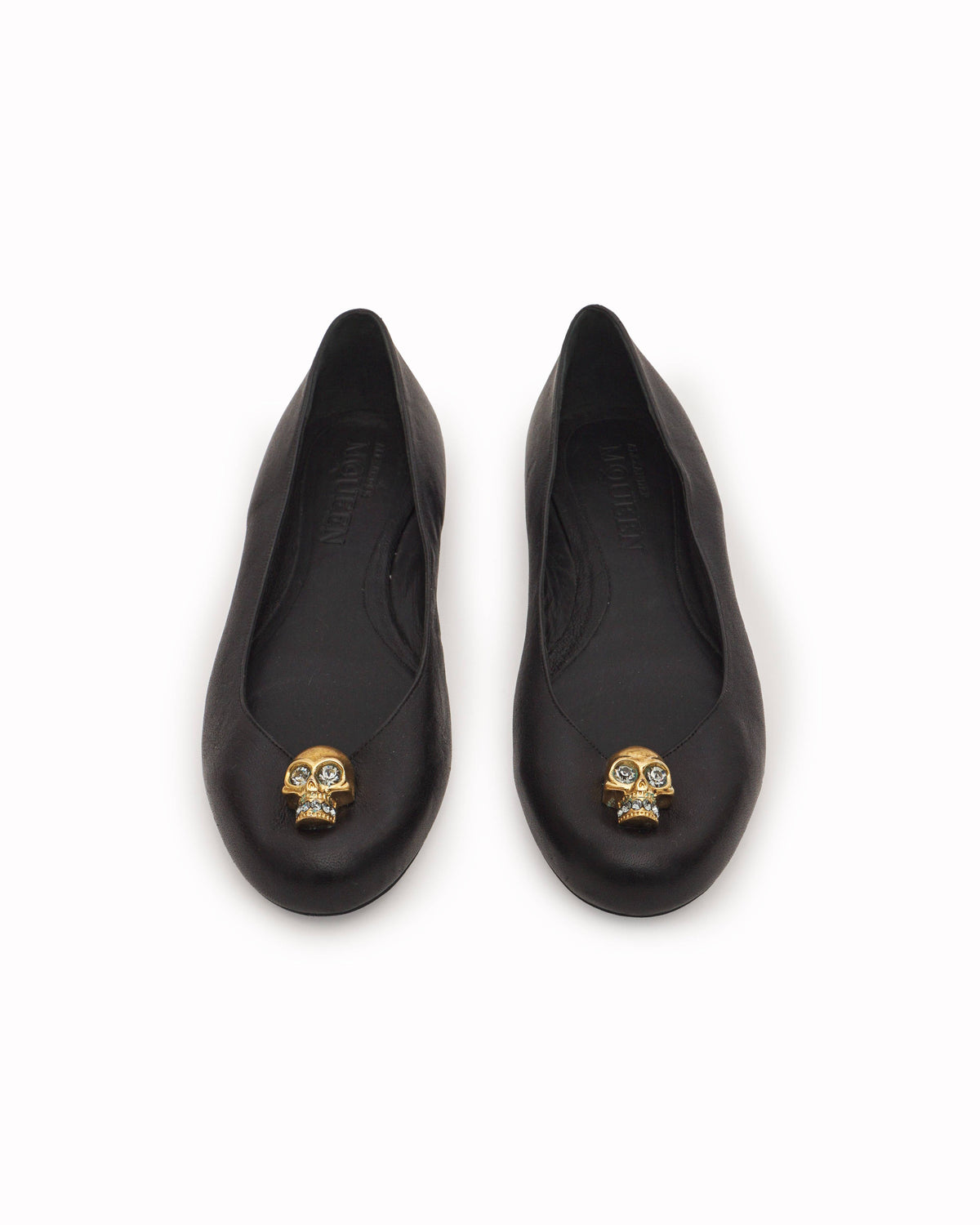 Alexander McQueen Black Leather Gold Skull Ballet Flats