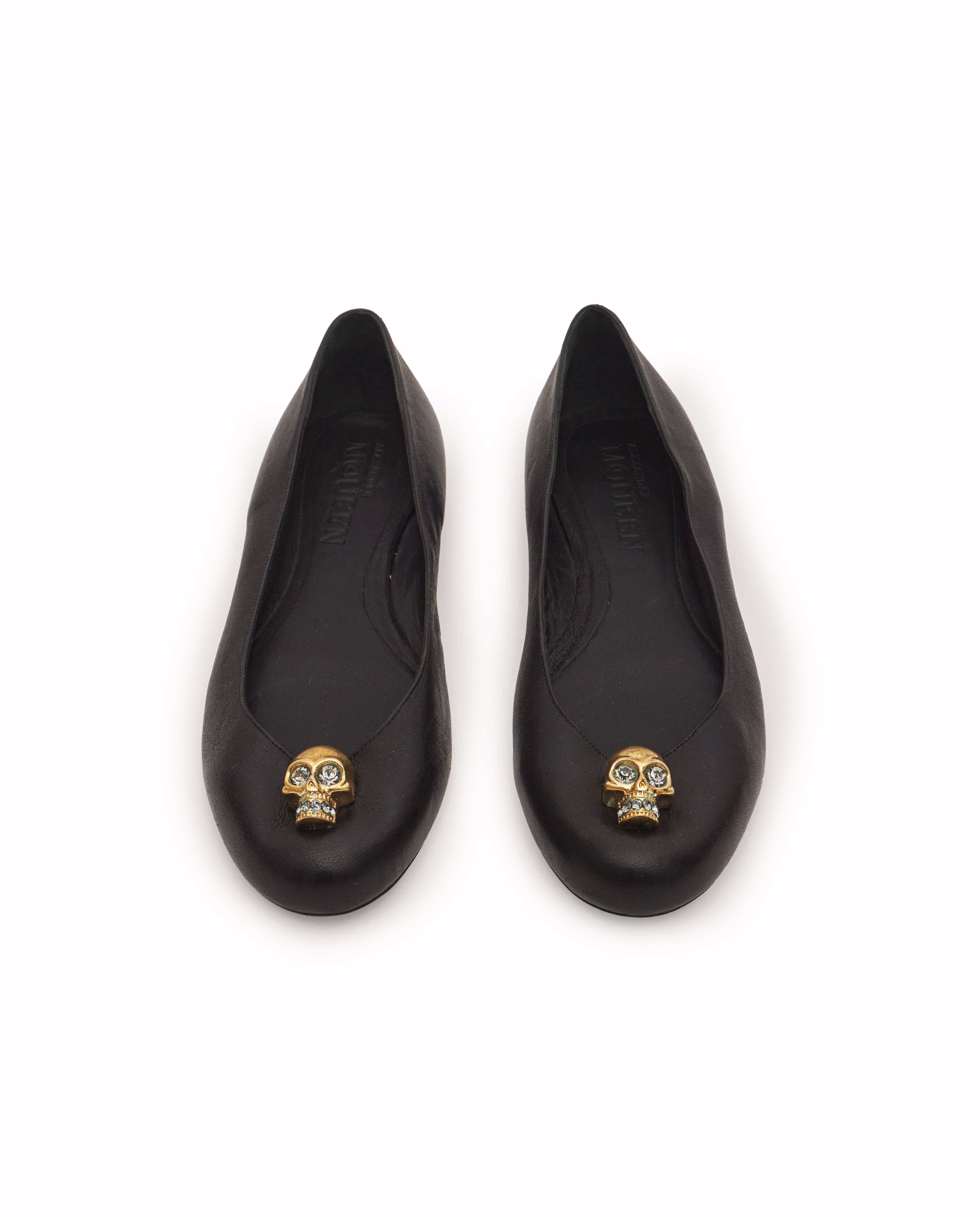 Alexander McQueen Black Leather Gold Skull Ballet Flats