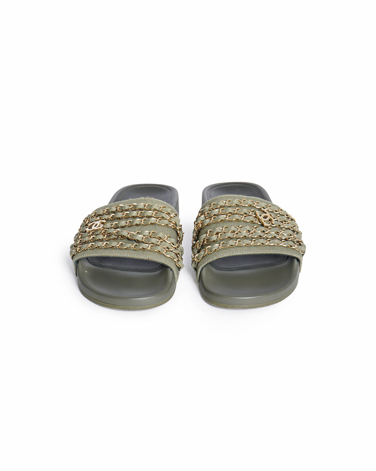 Chanel Sage Green Canvas Tropiconic Chain Slides