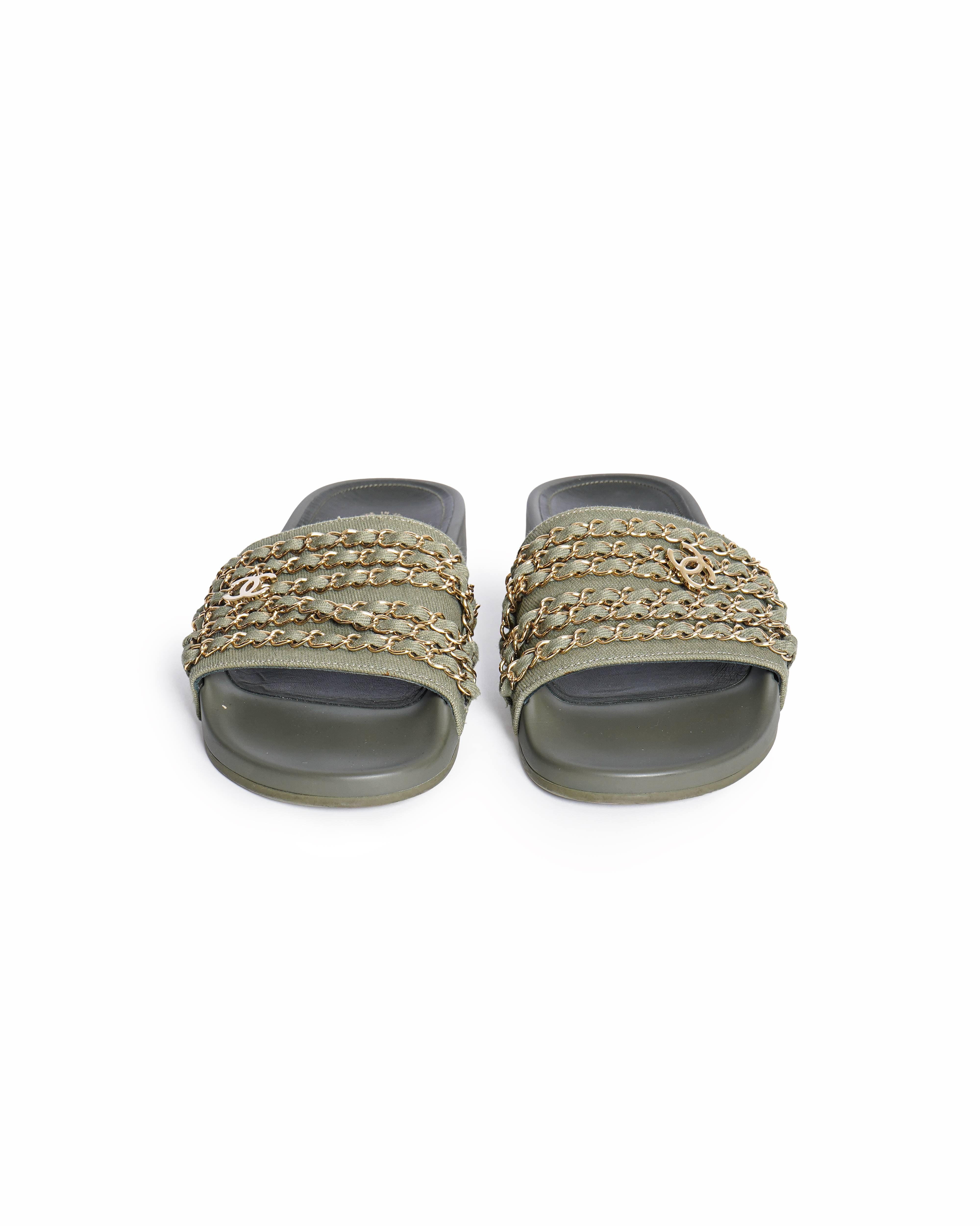 Chanel Sage Green Canvas Tropiconic Chain Slides