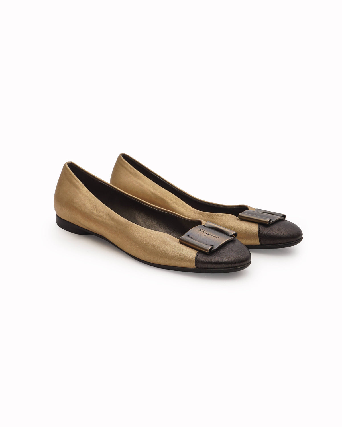 Salvatore Ferragamo Metallic Gold Leather Cap Toe Ballet Flats