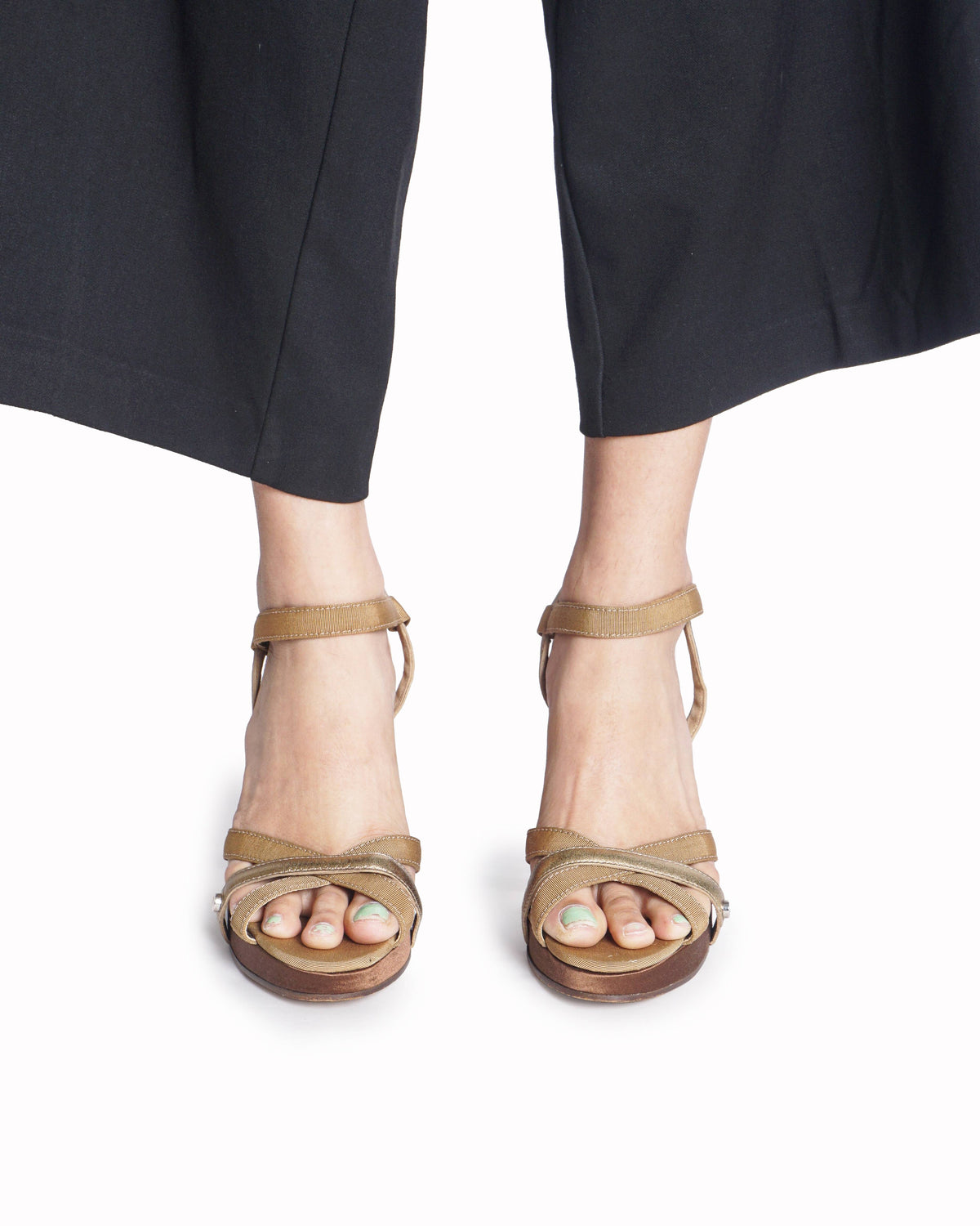 Salvatore Ferragamo Gold Tone Mixed Texture Wedge Sandals