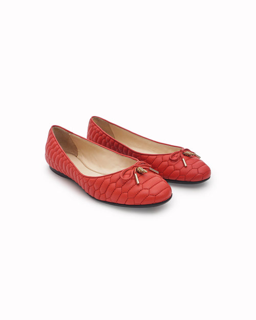 Roberto Cavalli Red Quilted Leather Crystal Horn Ballet Flats