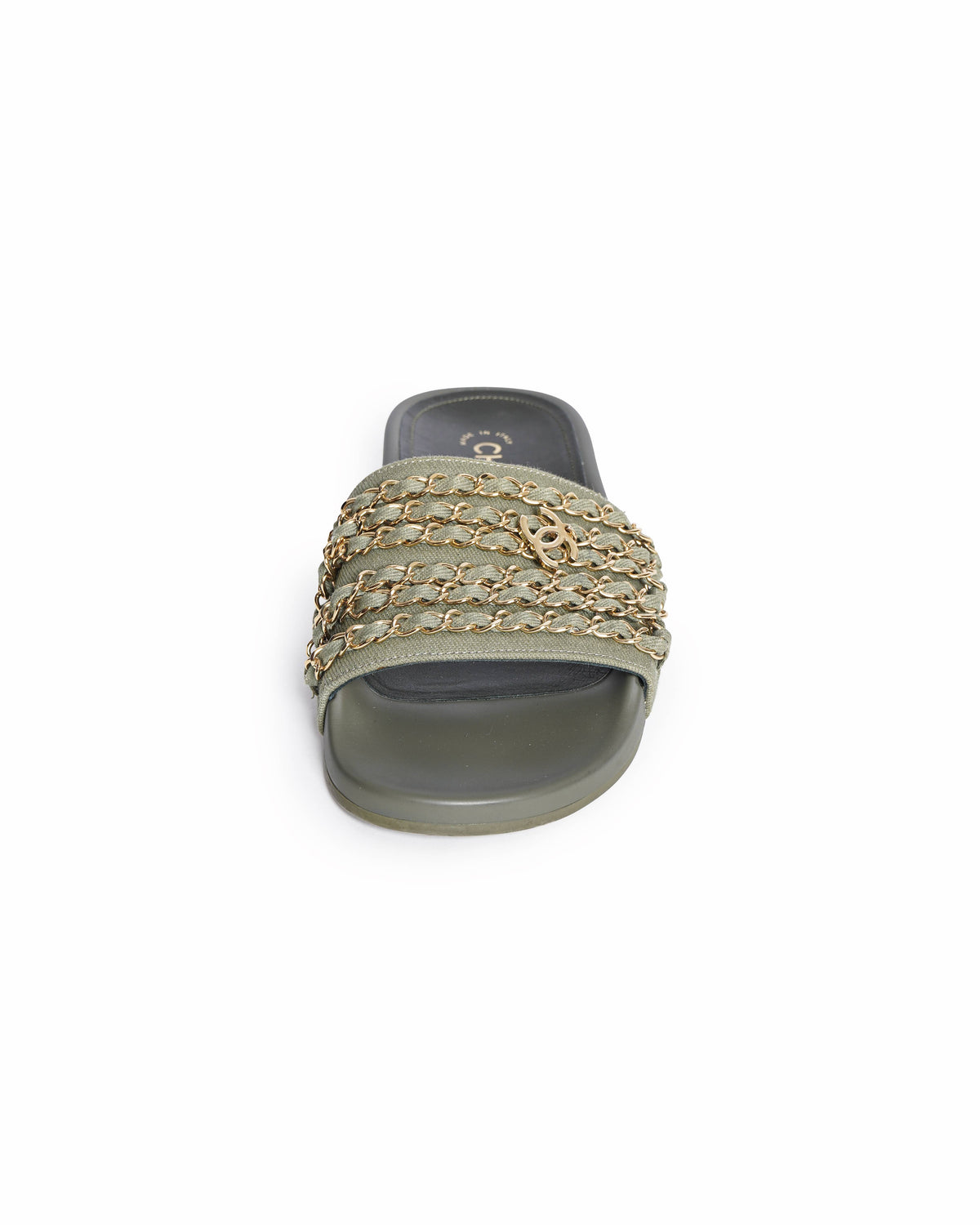 Chanel Sage Green Canvas Tropiconic Chain Slides