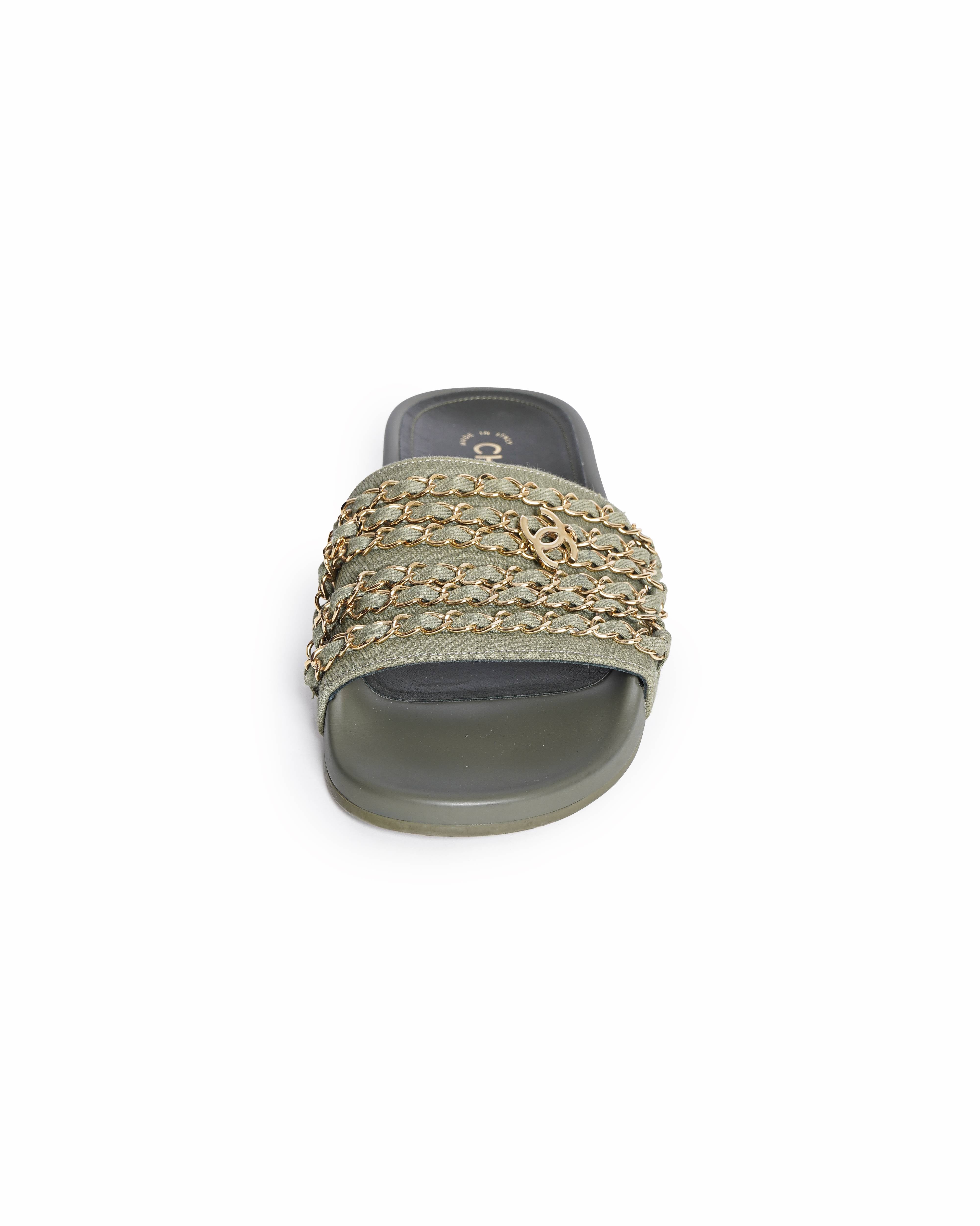 Chanel Sage Green Canvas Tropiconic Chain Slides