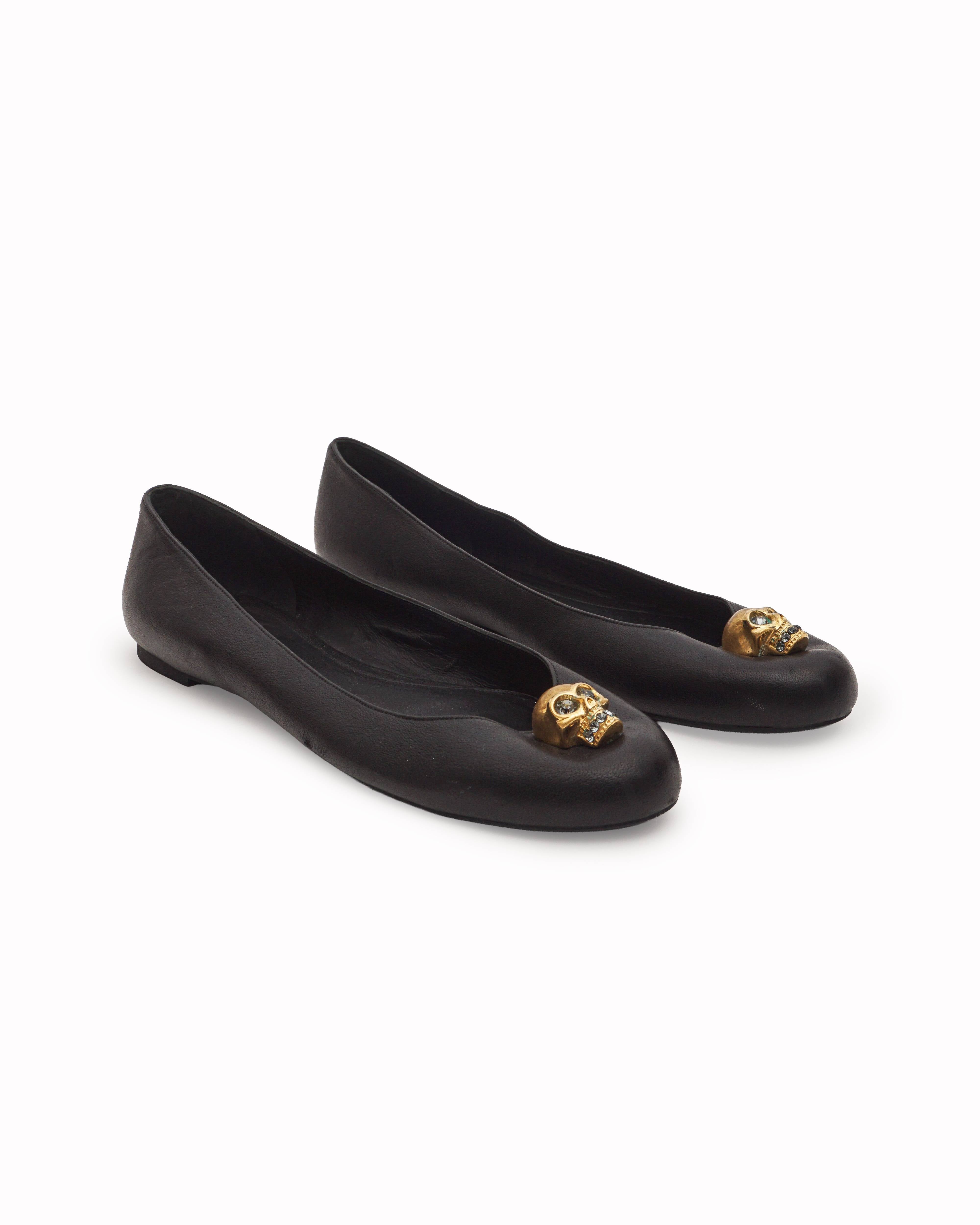 Alexander McQueen Black Leather Gold Skull Ballet Flats