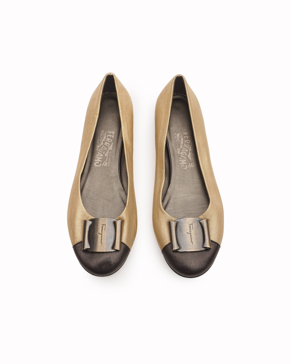 Salvatore Ferragamo Metallic Gold Leather Cap Toe Ballet Flats