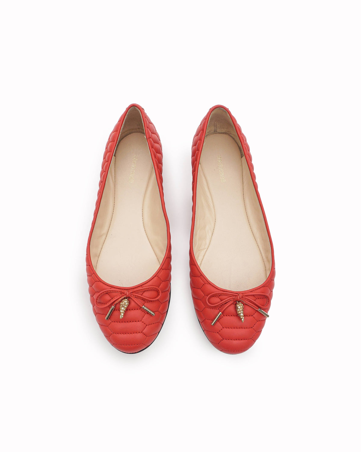 Roberto Cavalli Red Quilted Leather Crystal Horn Ballet Flats