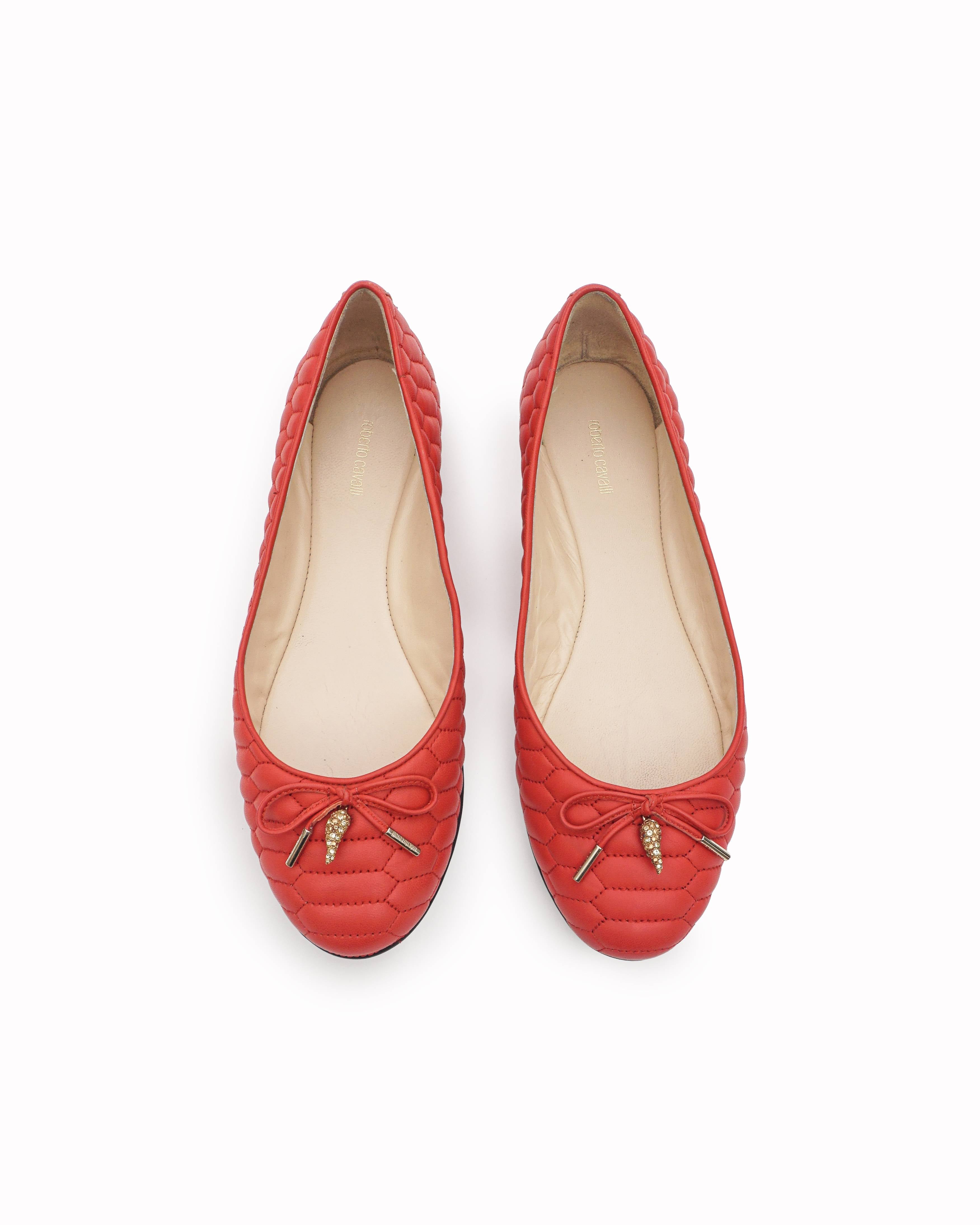 Roberto Cavalli Red Quilted Leather Crystal Horn Ballet Flats