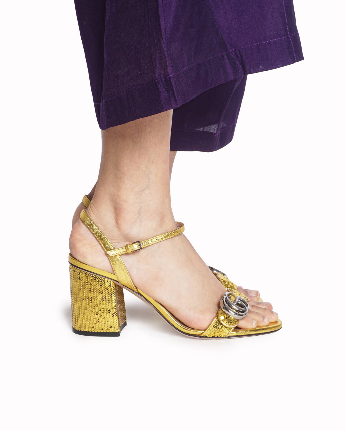 Gucci Yellow Sequin GG Marmont Block Heel Sandals