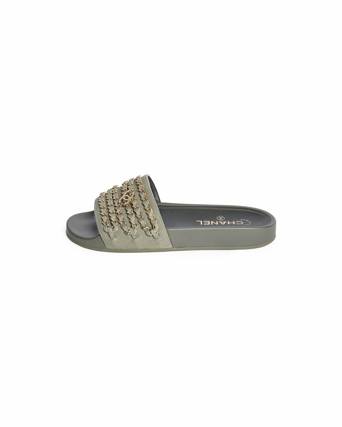 Chanel Sage Green Canvas Tropiconic Chain Slides