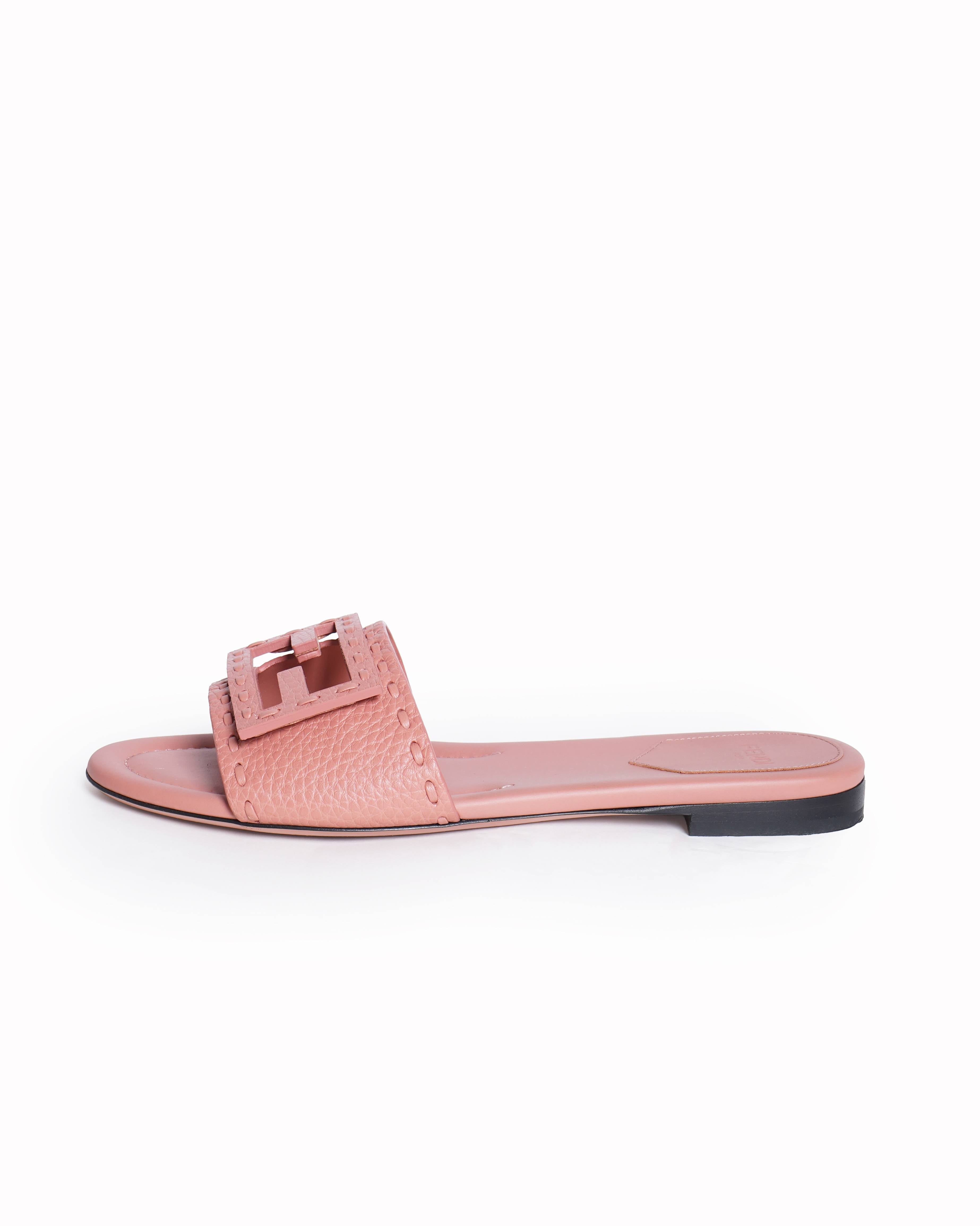 Fendi Pink Baguette FF Tube Medallian Flat Sandals