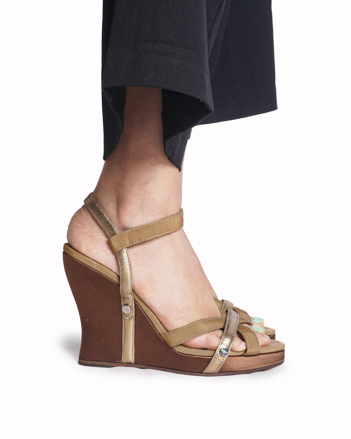 Salvatore Ferragamo Gold Tone Mixed Texture Wedge Sandals