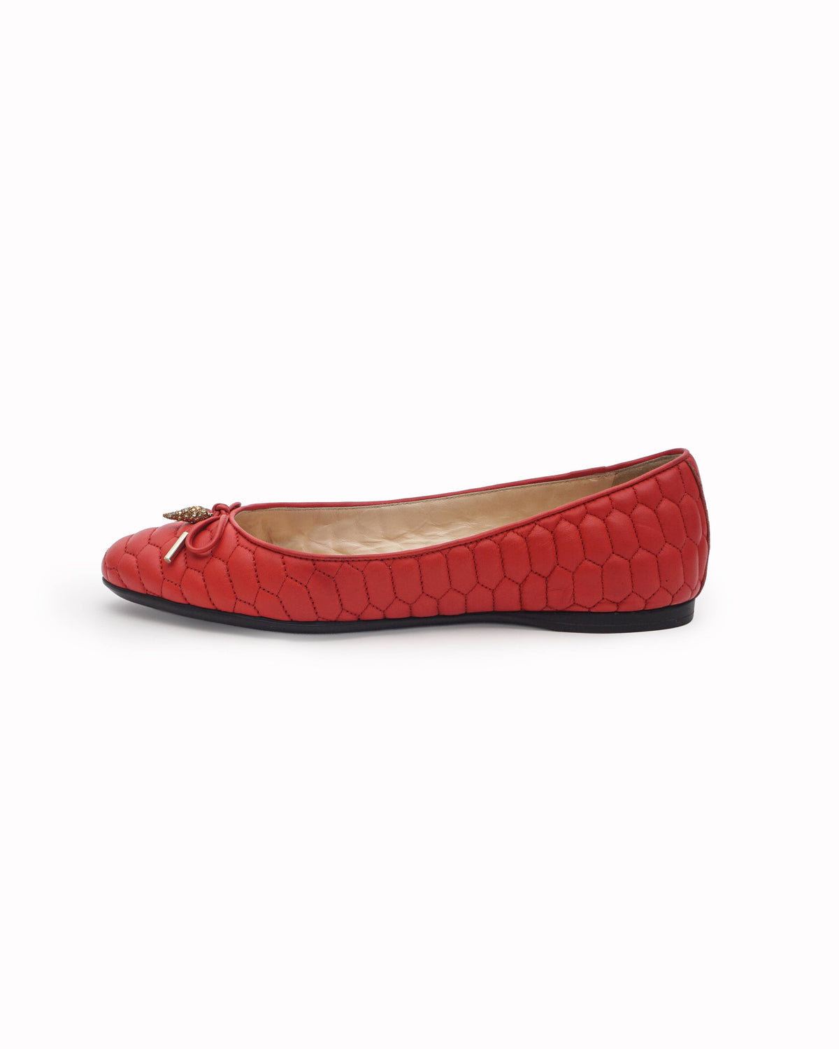 Roberto Cavalli Red Quilted Leather Crystal Horn Ballet Flats