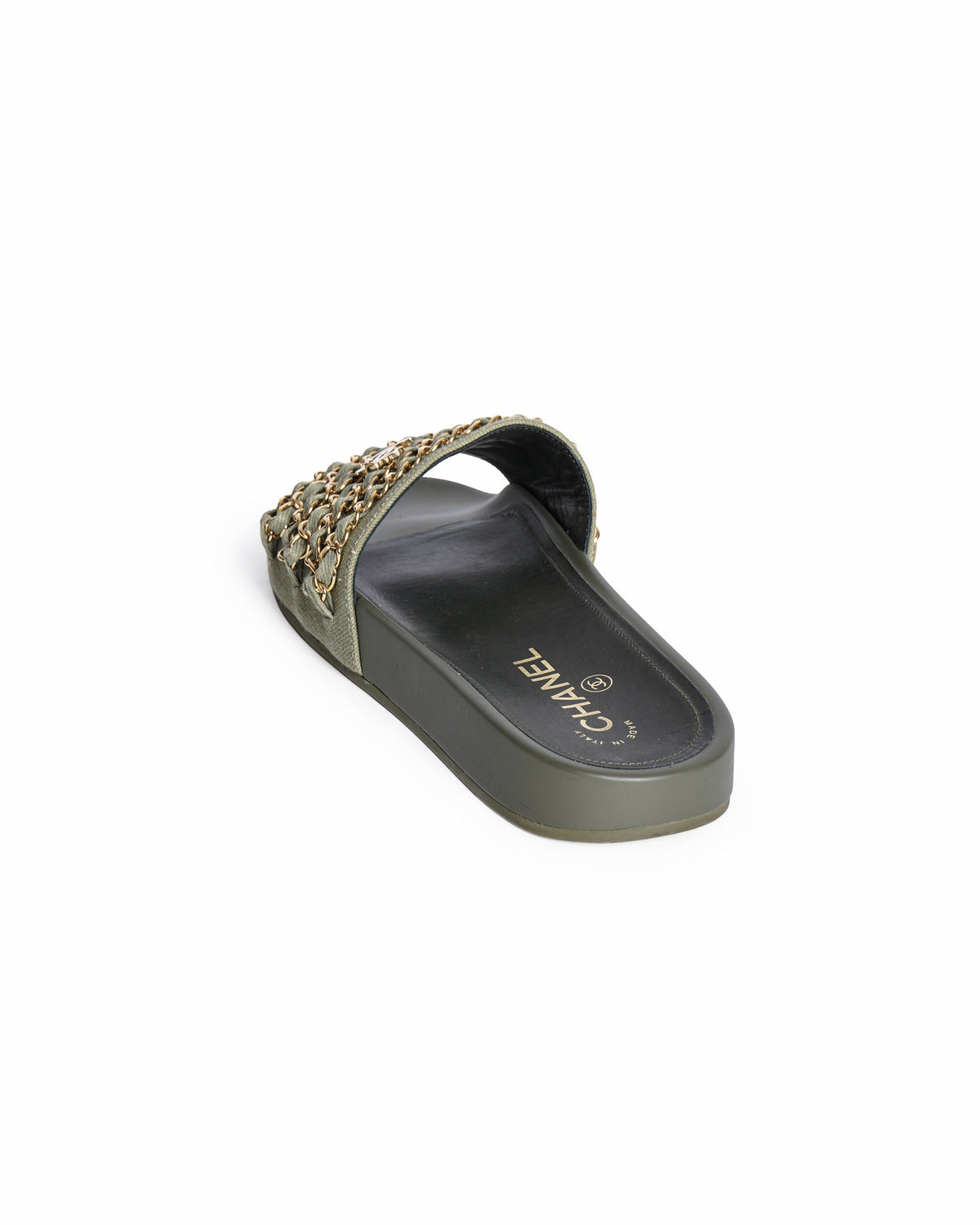 Chanel Sage Green Canvas Tropiconic Chain Slides