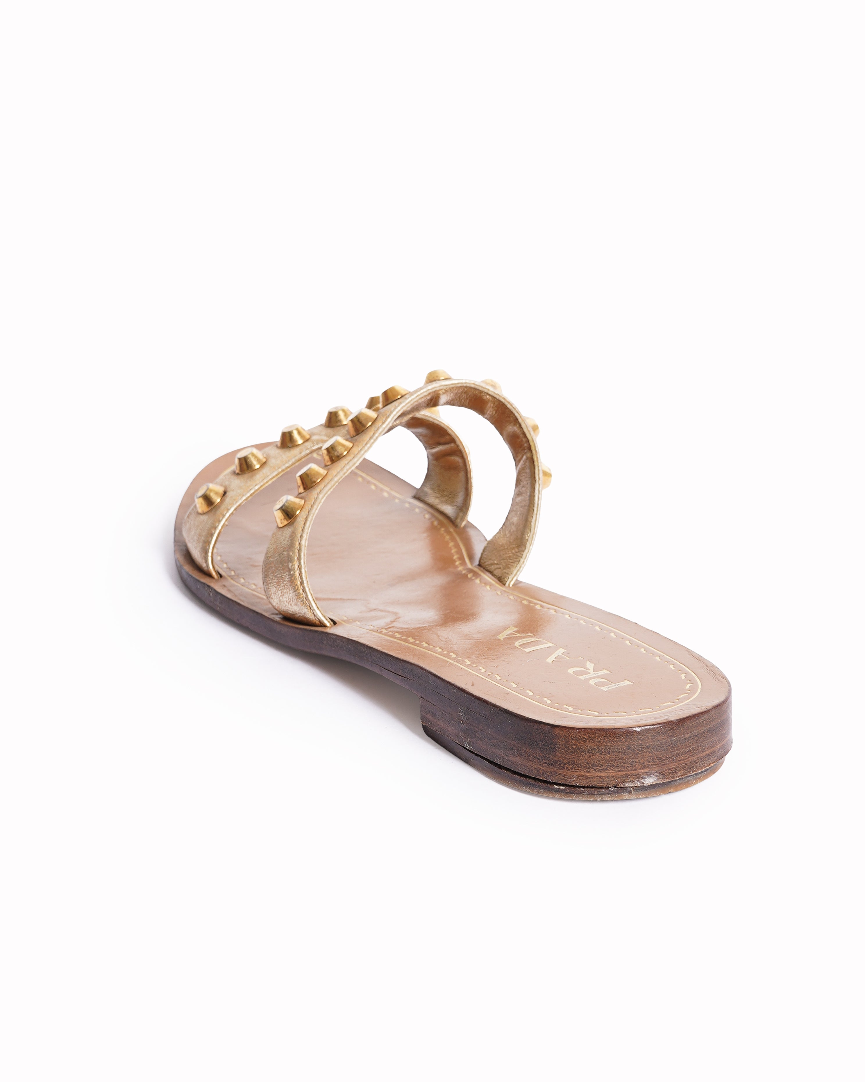Prada Metallic Gold Leather Studded Flat Slides