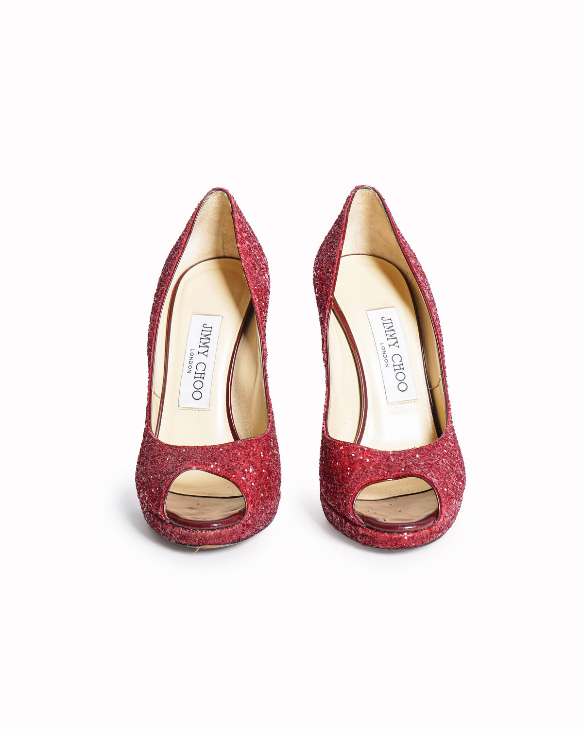 Jimmy Choo Red Glitter Peep-Toe Pumps