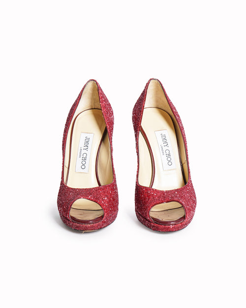 Jimmy Choo Red Glitter Peep-Toe Pumps