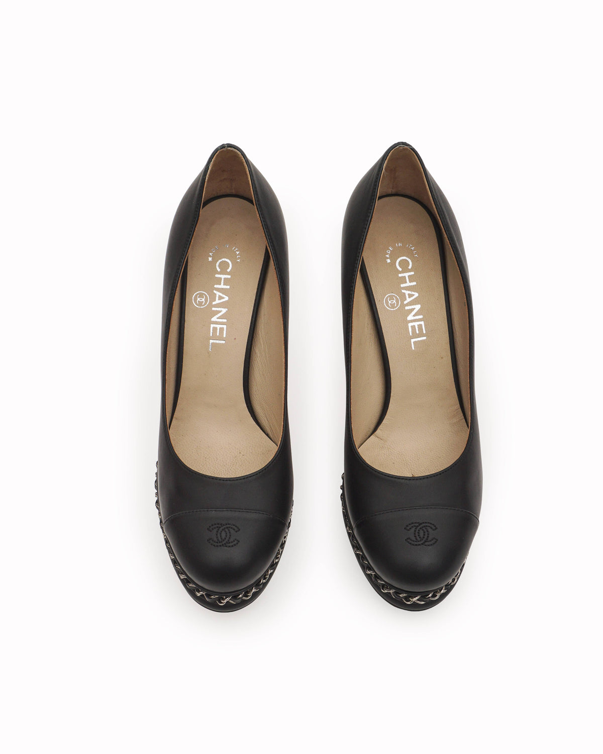 Chanel Black Leather Embossed CC Cap Toe Chain Platform Pumps