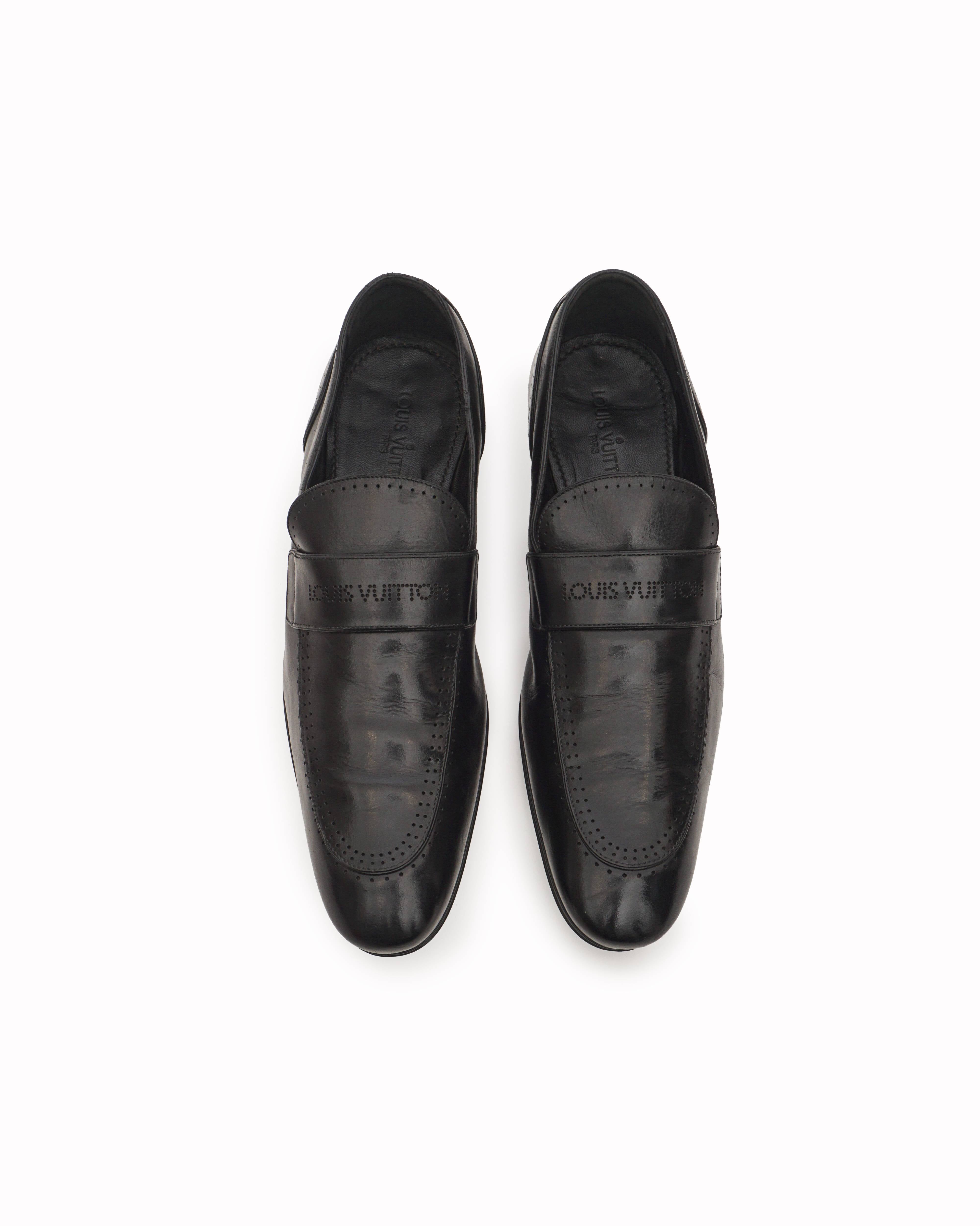 Louis Vuitton Black Leather Perforated Logo Loafers