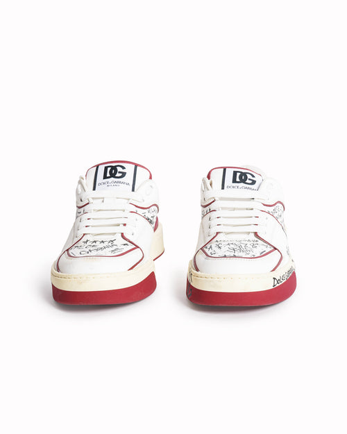 Dolce & Gabbana Red/White Printed Leather Roma Low-Top Sneakers