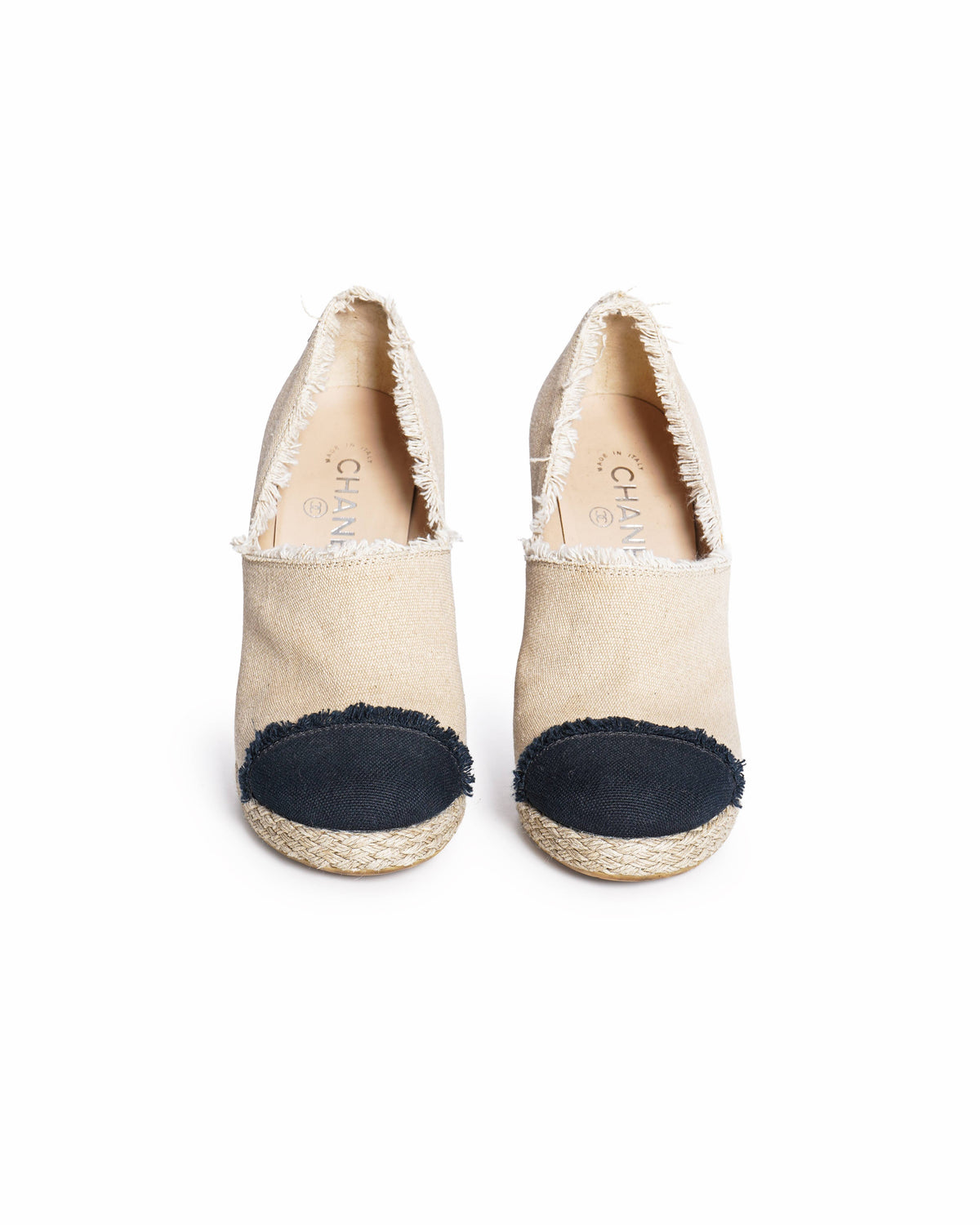Chanel Beige/Black Canvas CC Cap Toe Espadrille Booties