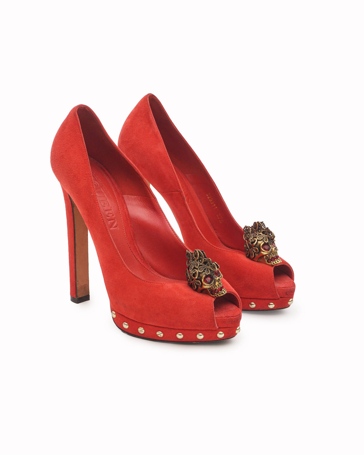 Alexander McQueen Red Suede Skull Peep-Toe Pump Heels