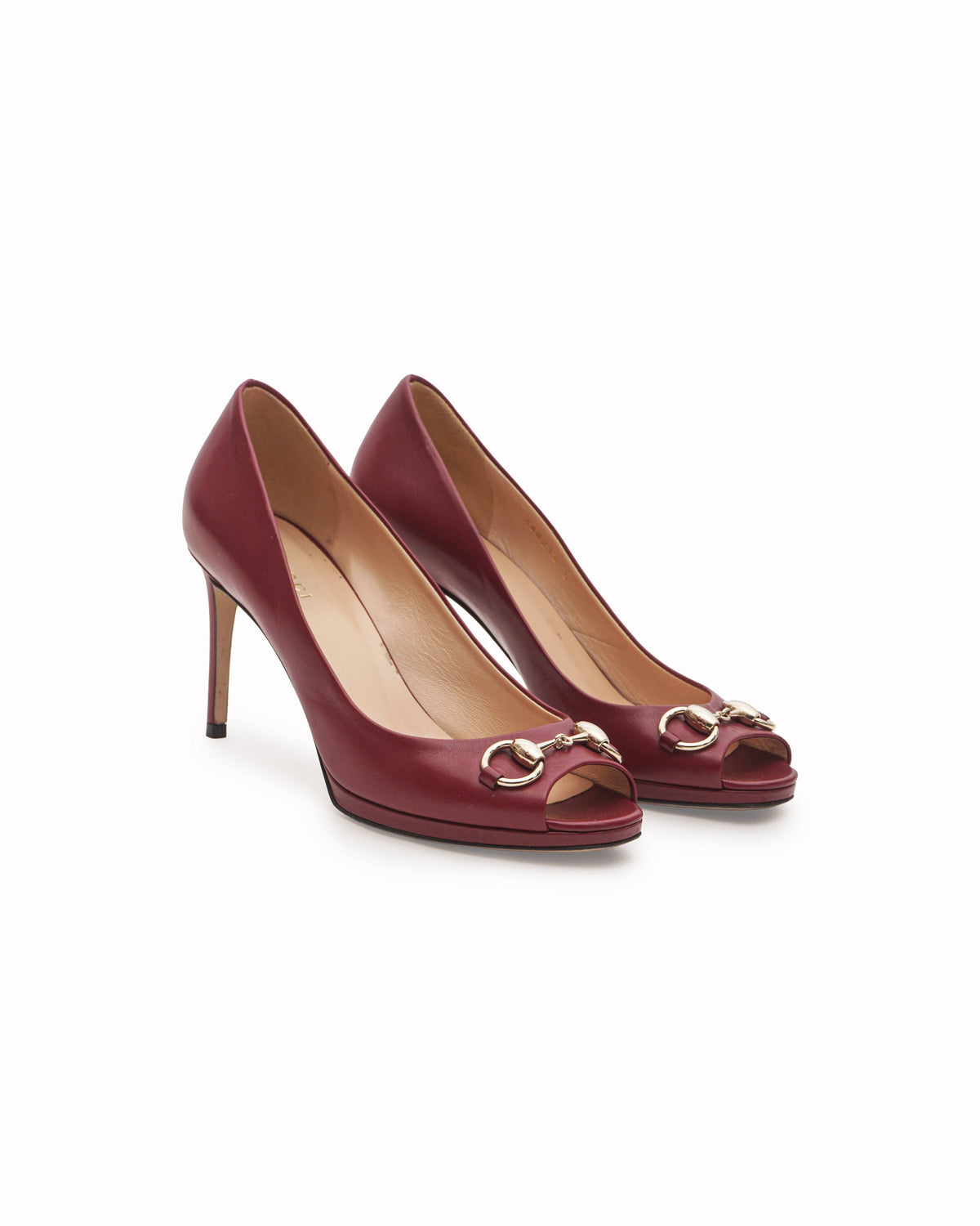 Gucci Cherry Red Leather Horsebit Peep Toe Pumps
